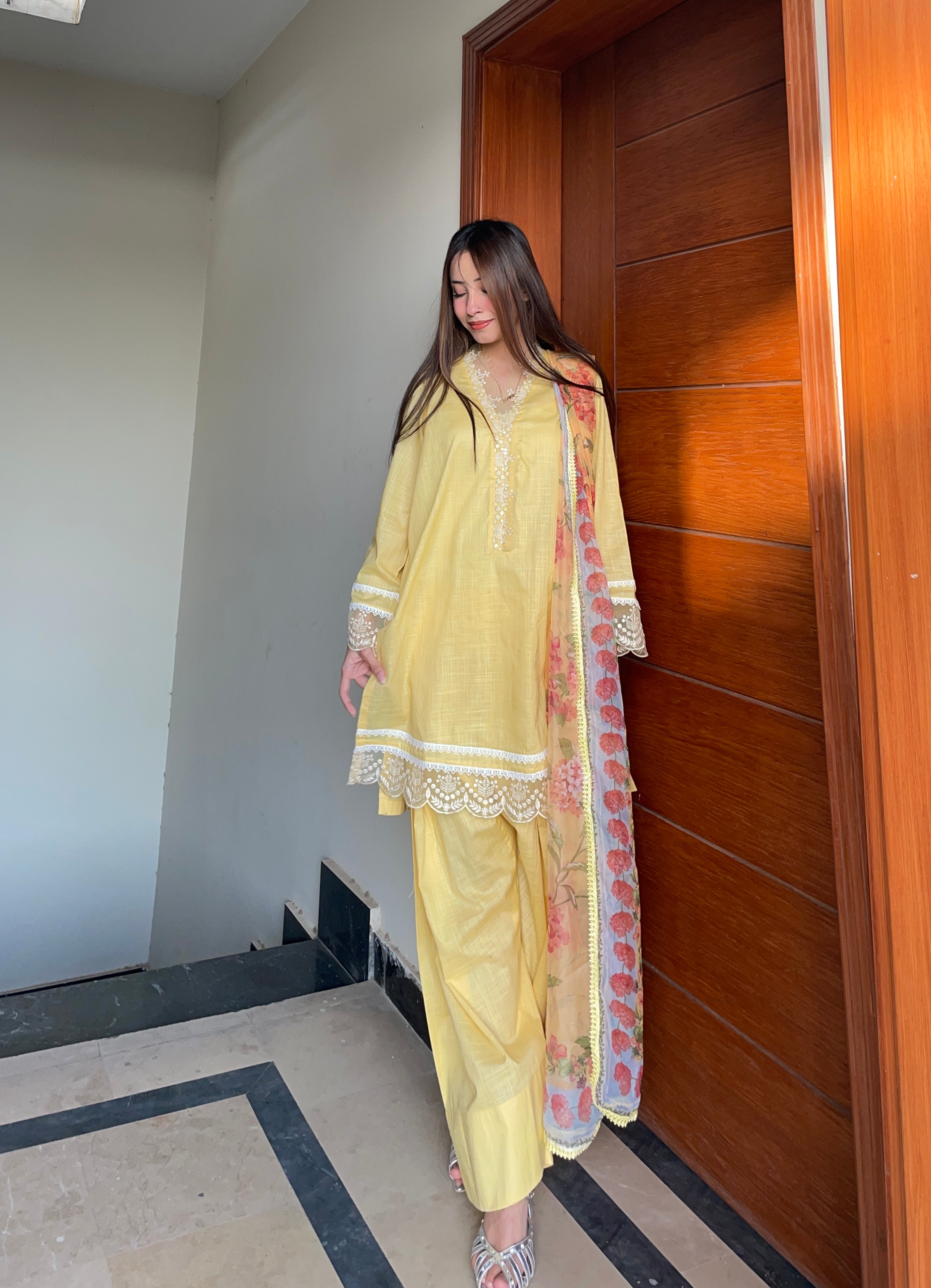 textured lawn Kurta Set in Pale yellow