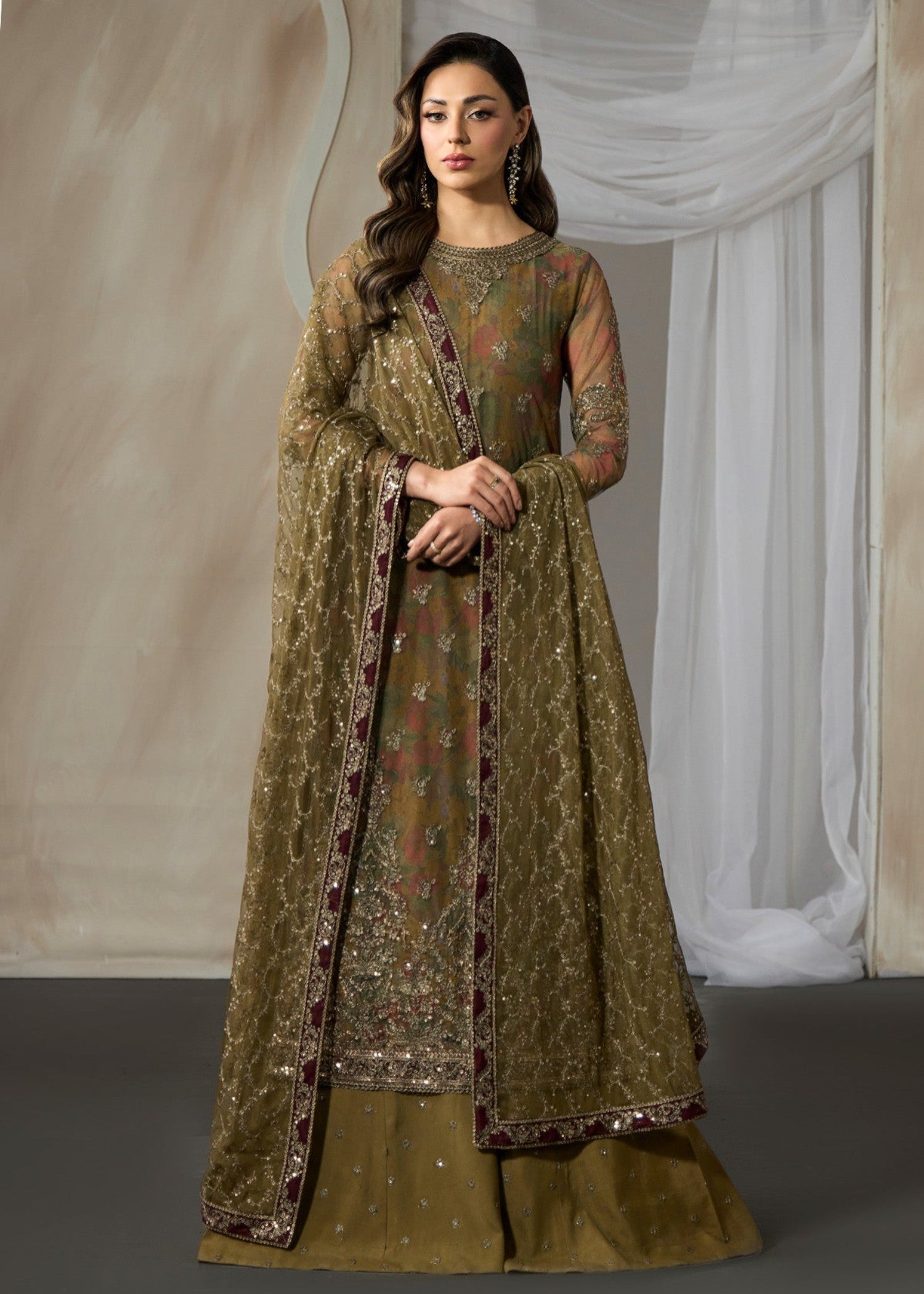 net Sharara in Olive green