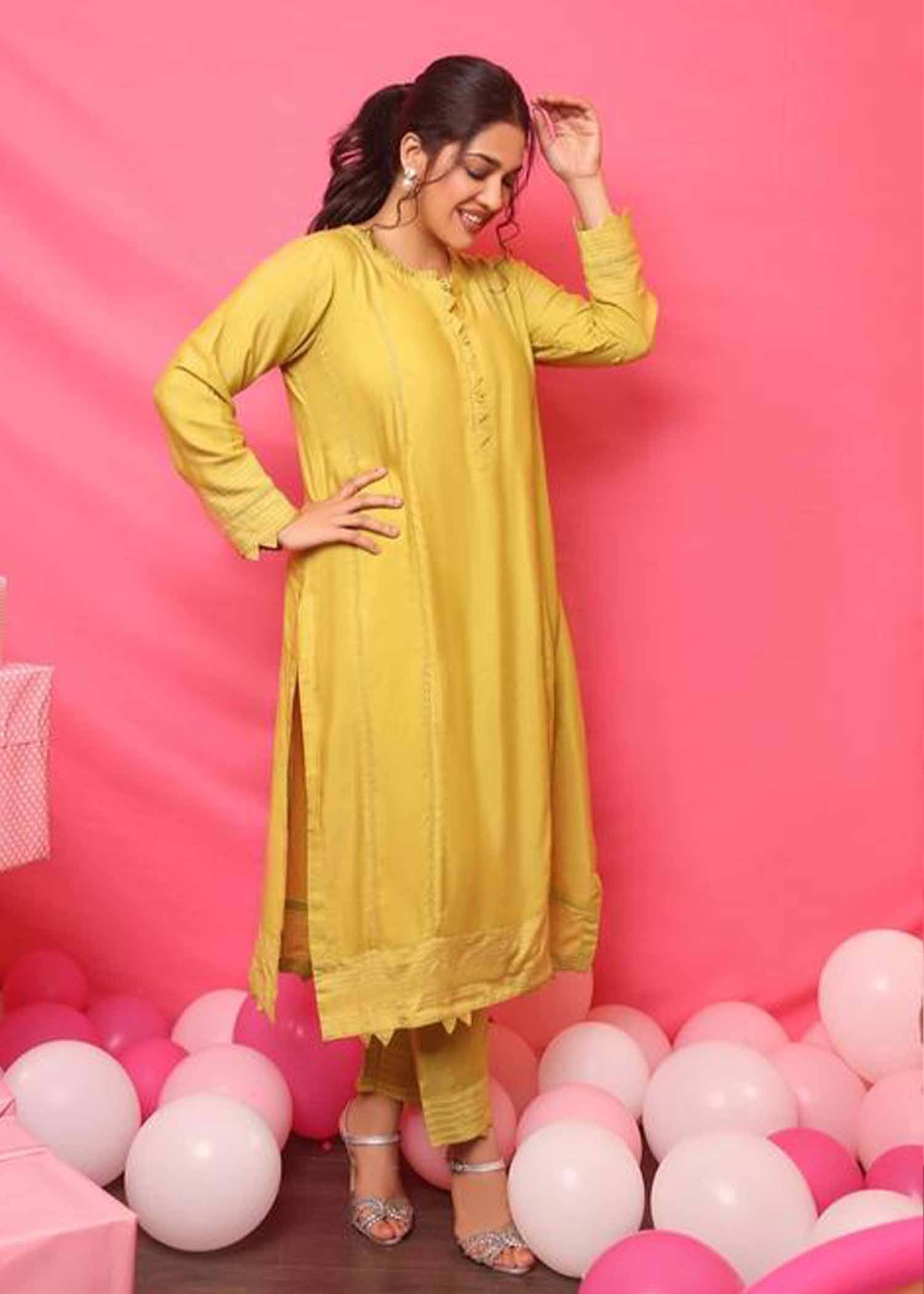 cotton net Kurta Set in Lemon