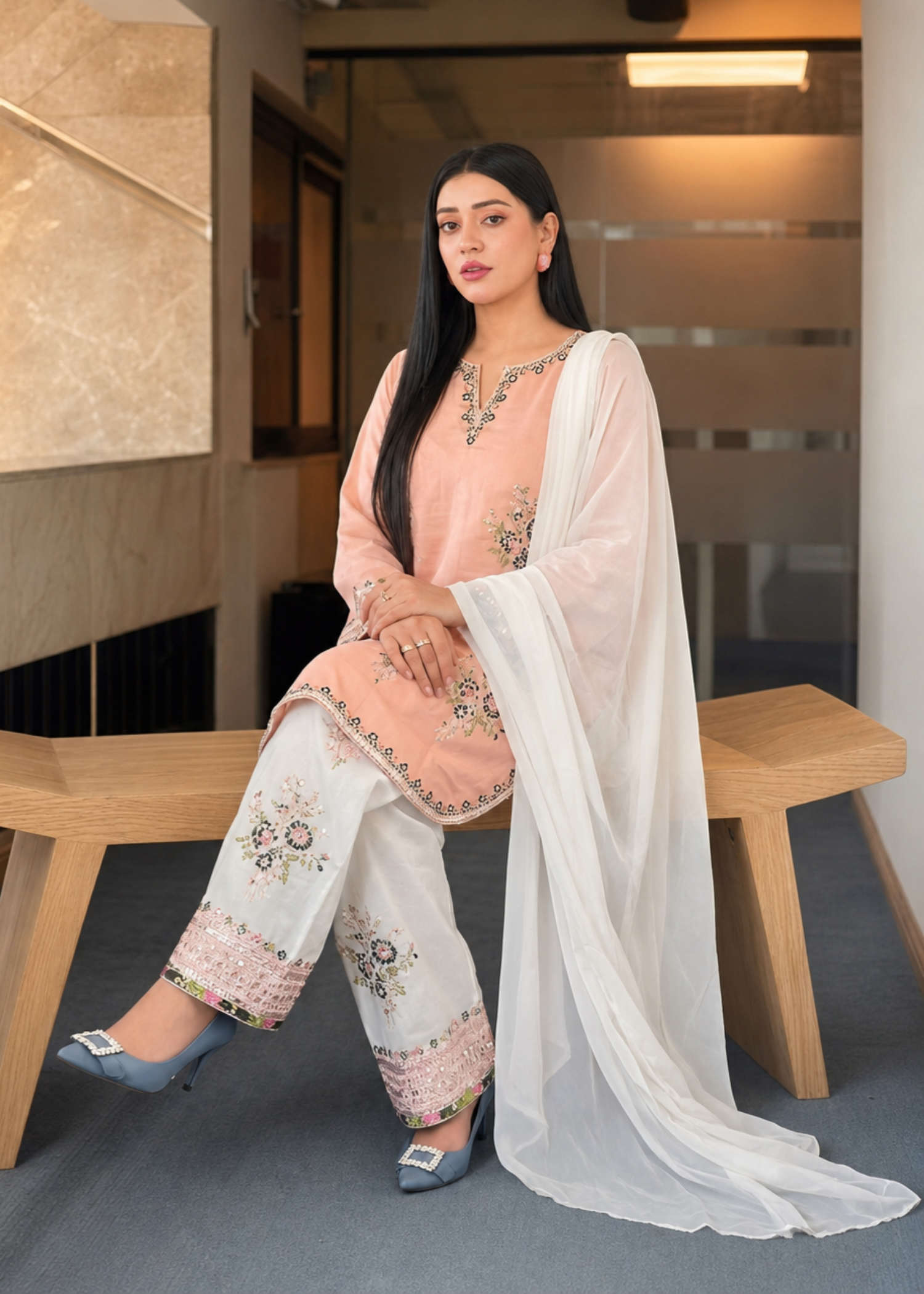 lawn cotton Kurta Set in Off-white, peach pink