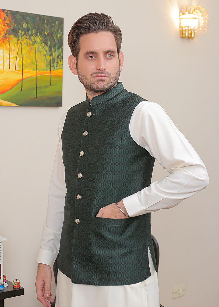 banarsi silk Waistcoat in Bottle green