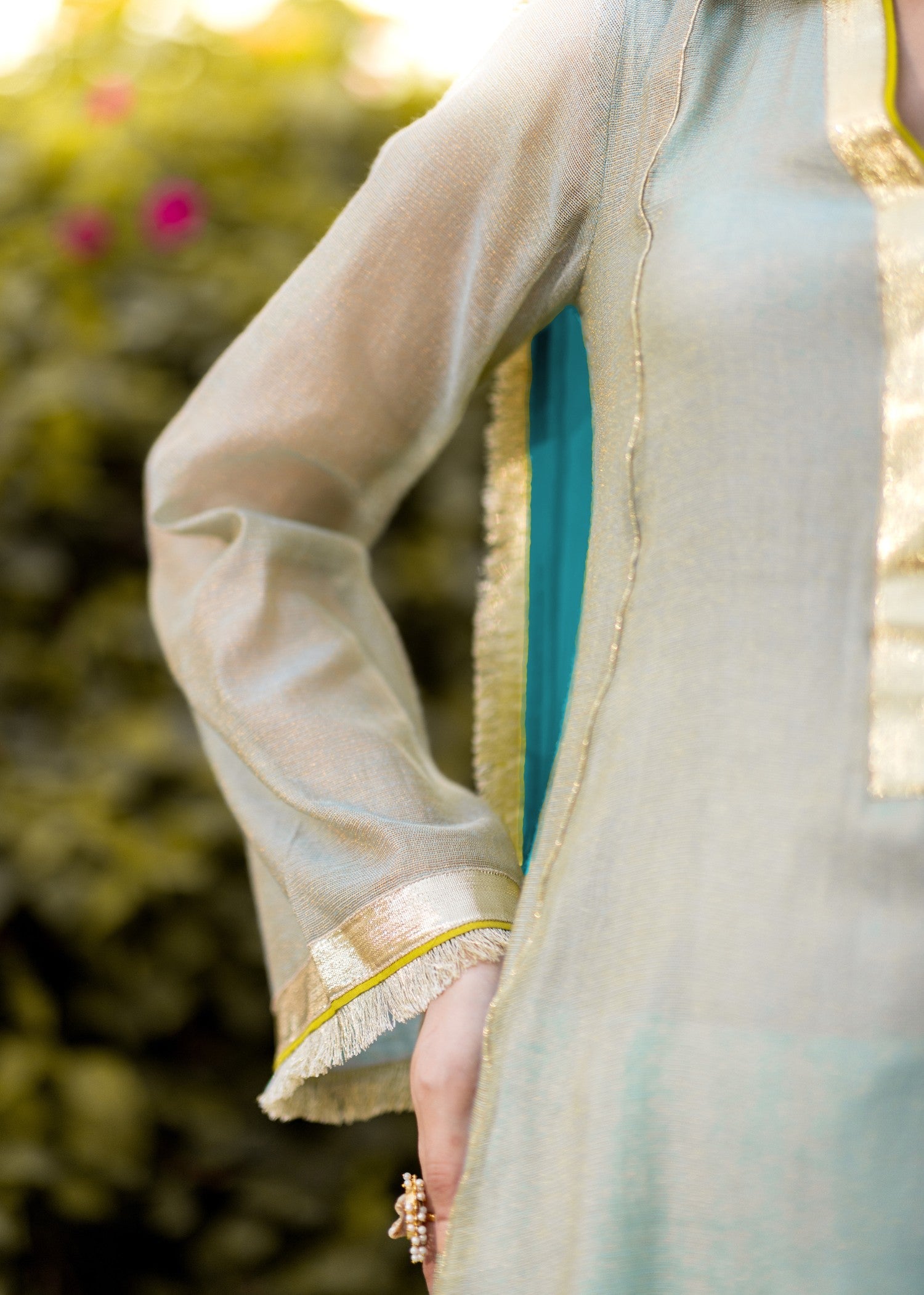 zari net Kurta Set in Aquamarine