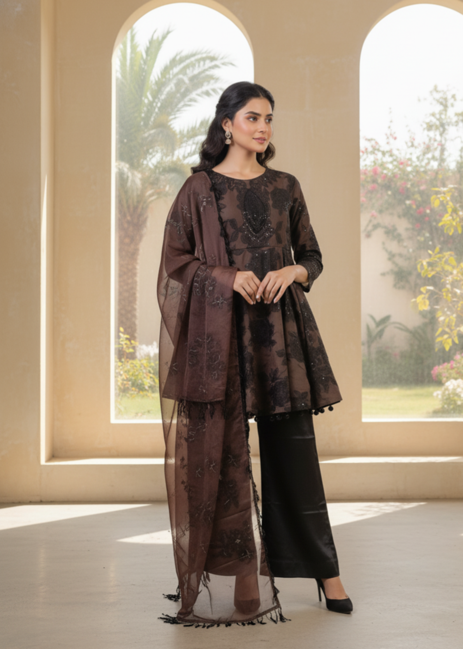 organza silk Short Frock in Dark brown
