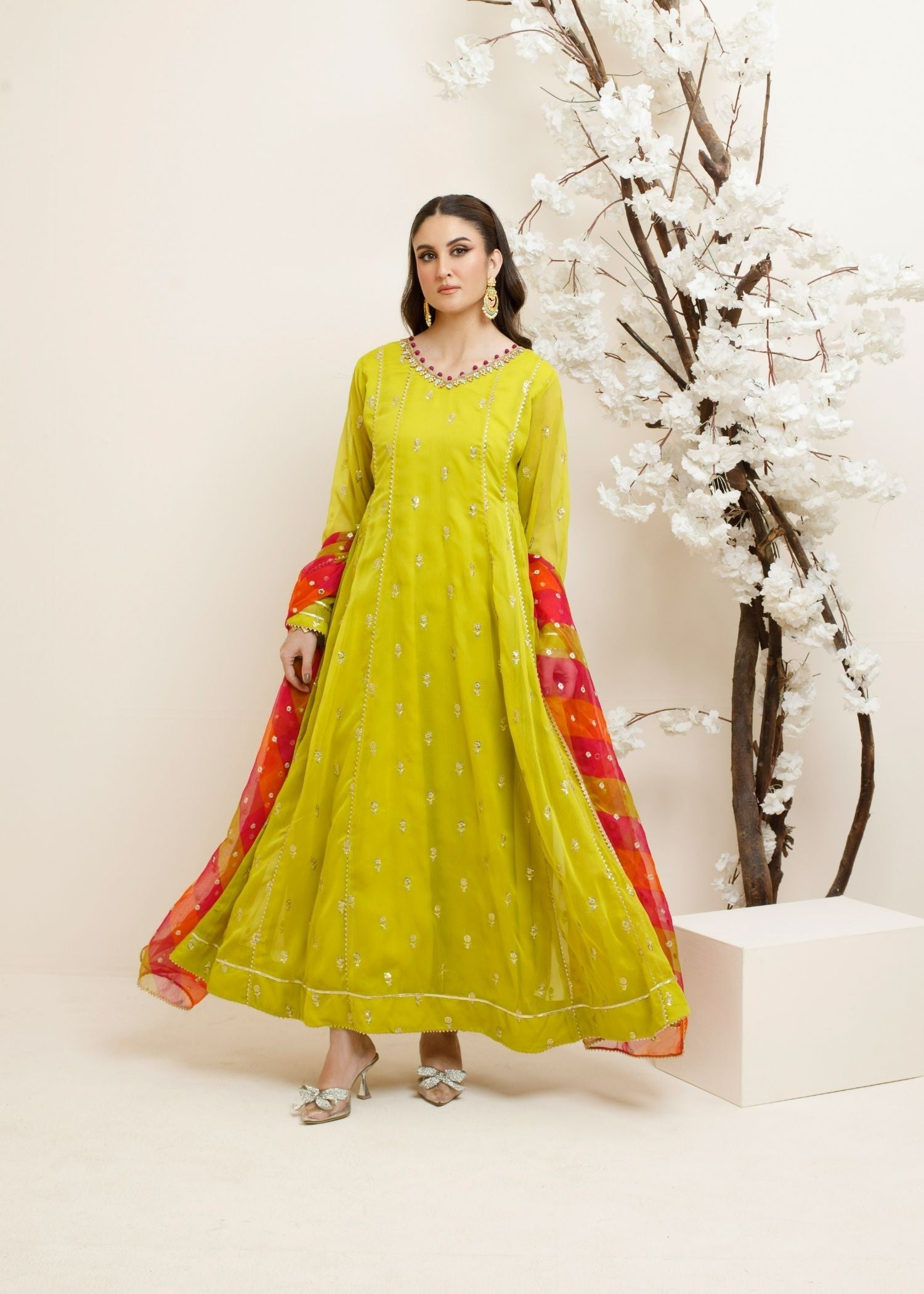 chiffon Anarkali in Apple green