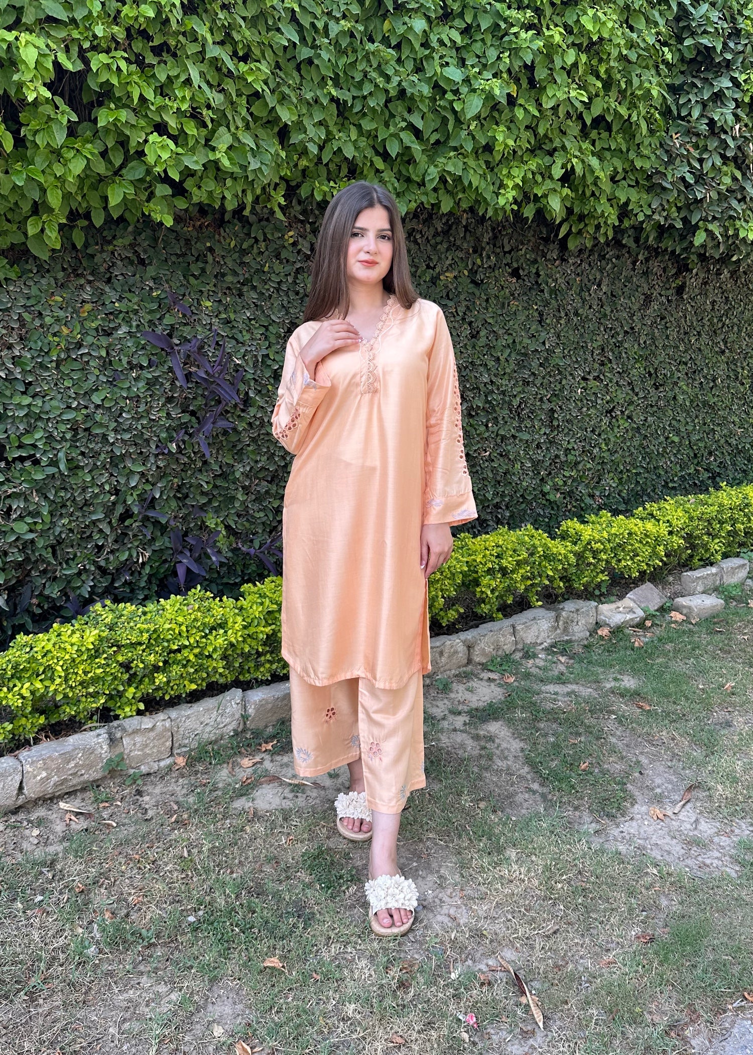 arabic lawn Kurta Set in Peach orange