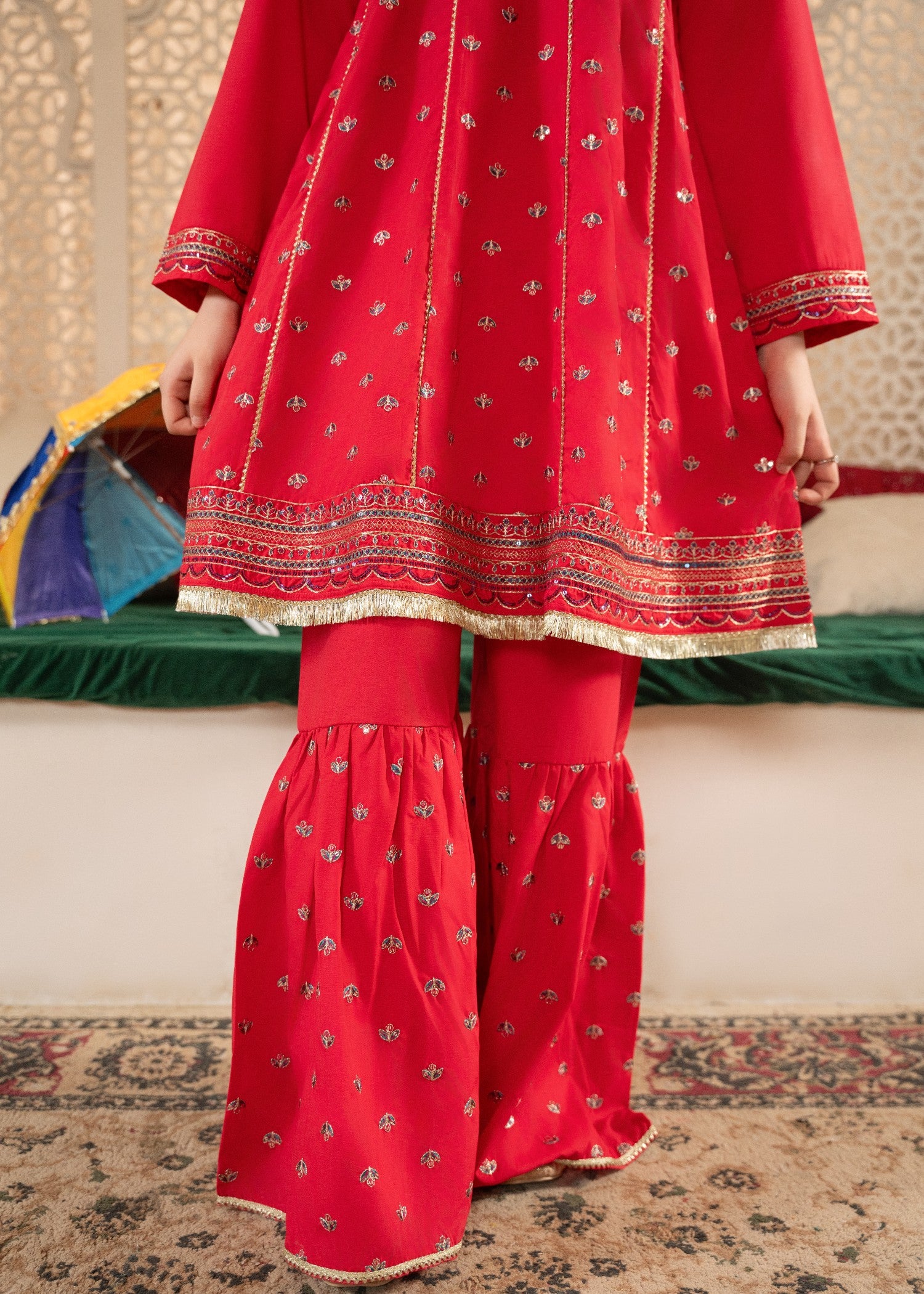 cotton Gharara in Hot pink red