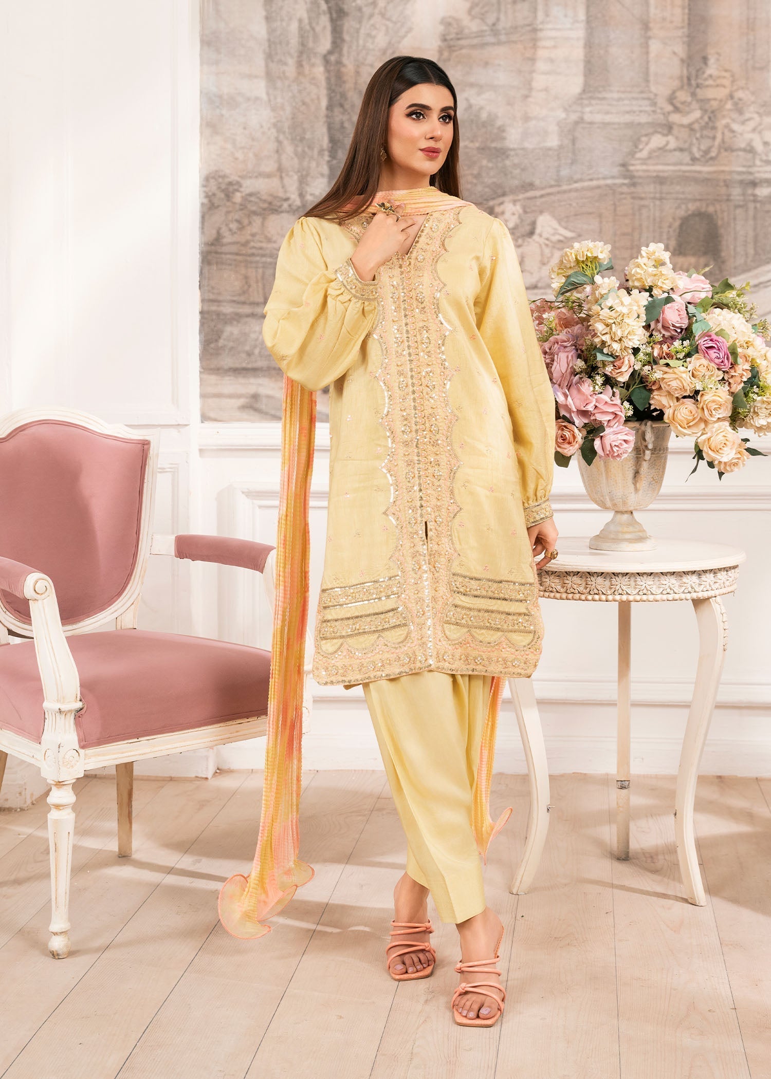 raw silk Kurta Set in Light yellow