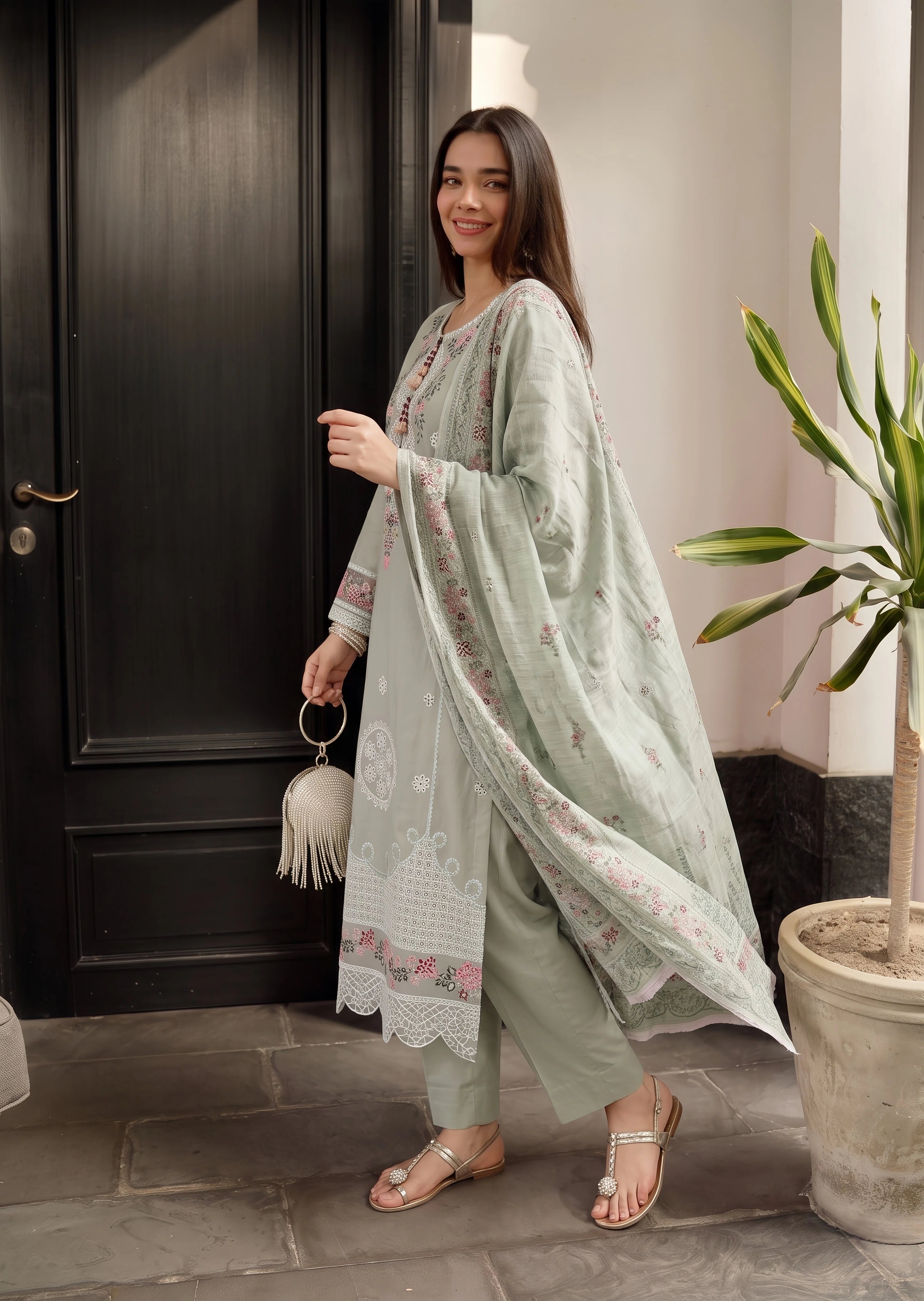 cotton linen Kurta Set in Ash grey