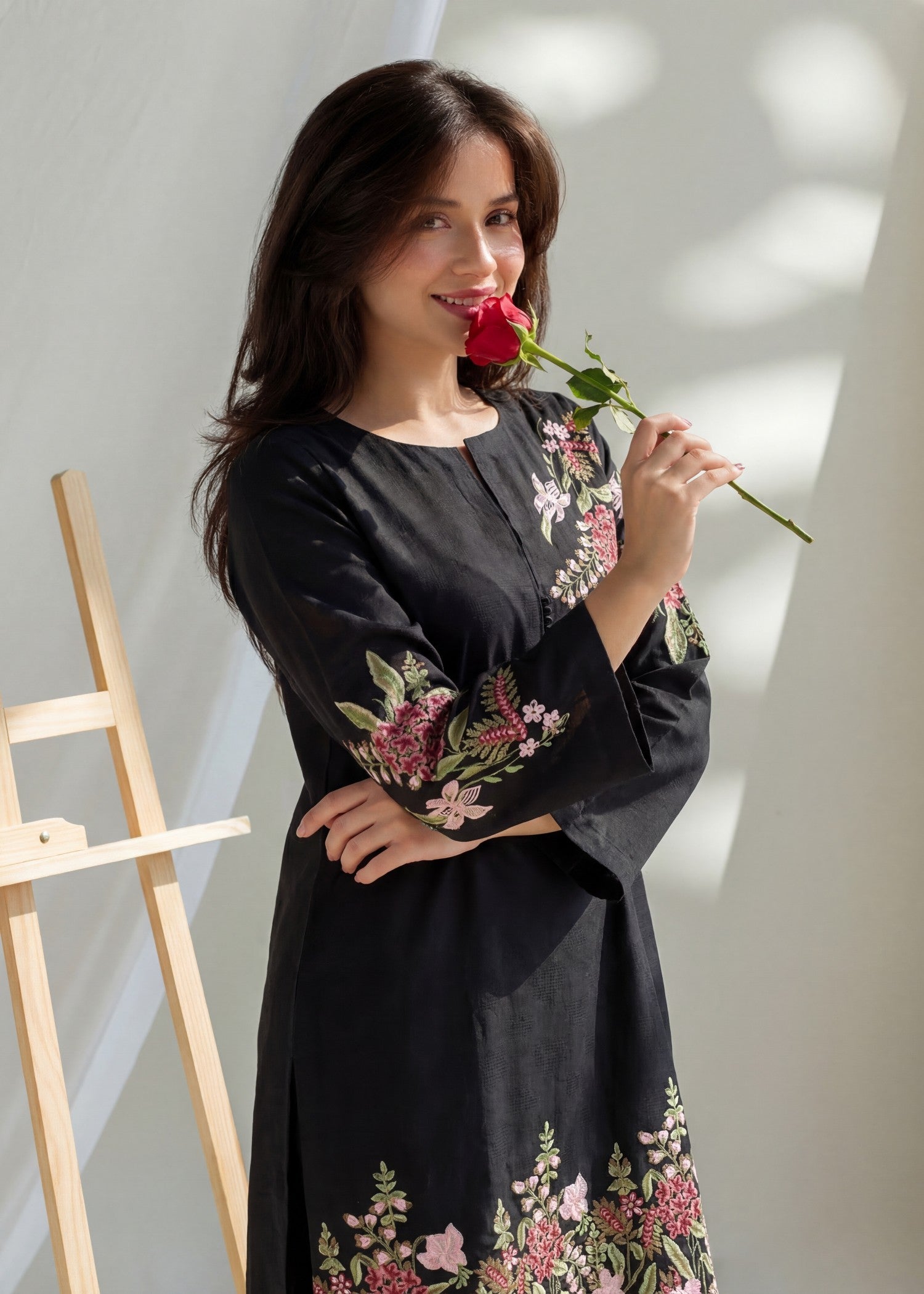 textured lawn Kurta Set in Black