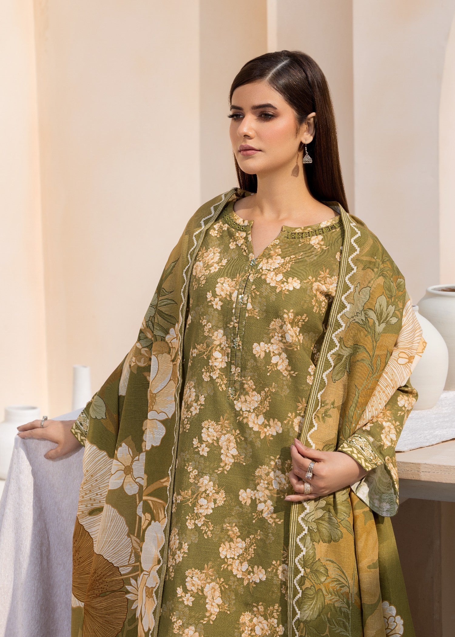 khaddar Kurta Set in Olive green