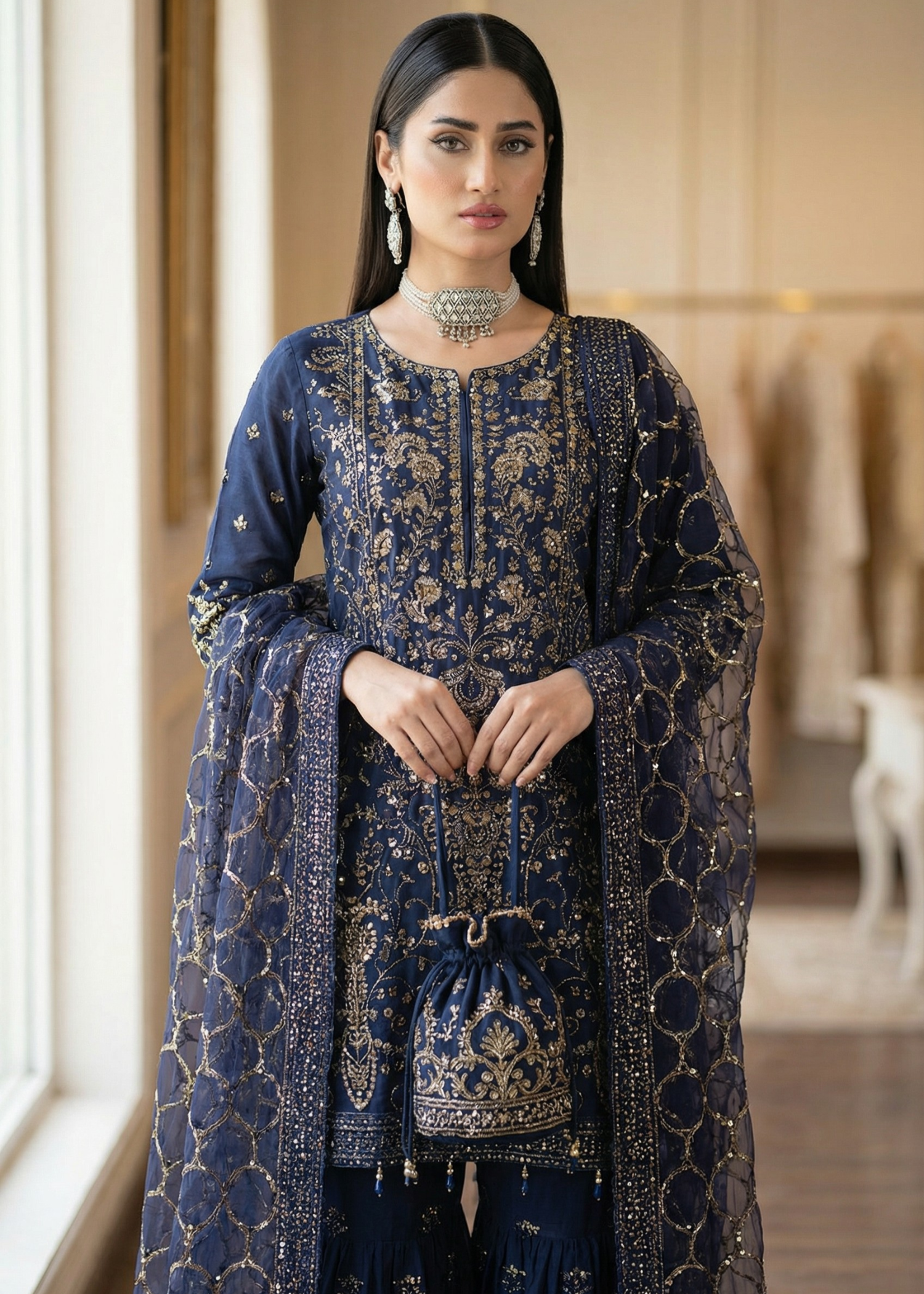 organza Gharara in Midnight blue