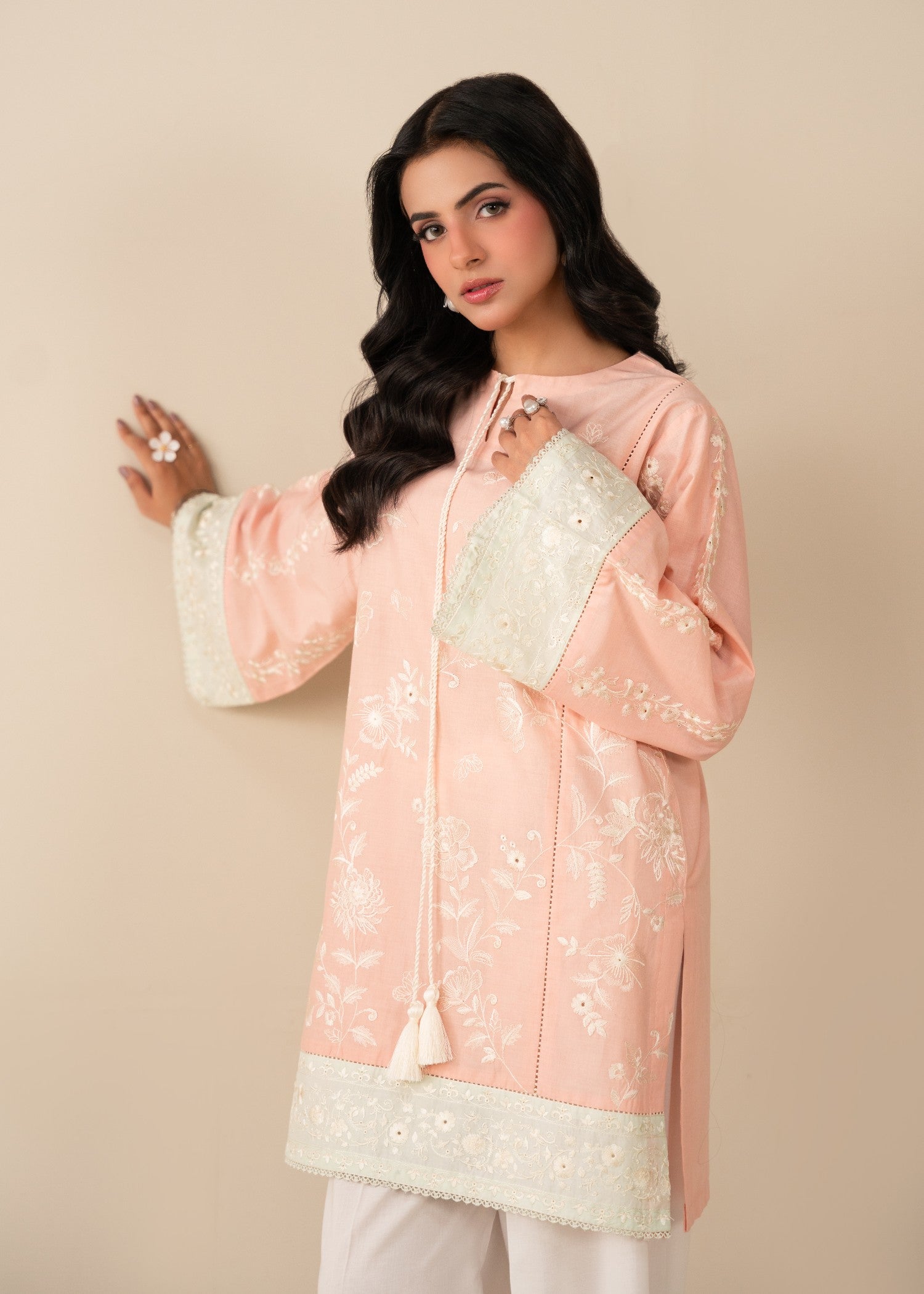 lawn Kurta Set in White, pistachio green, peach pink