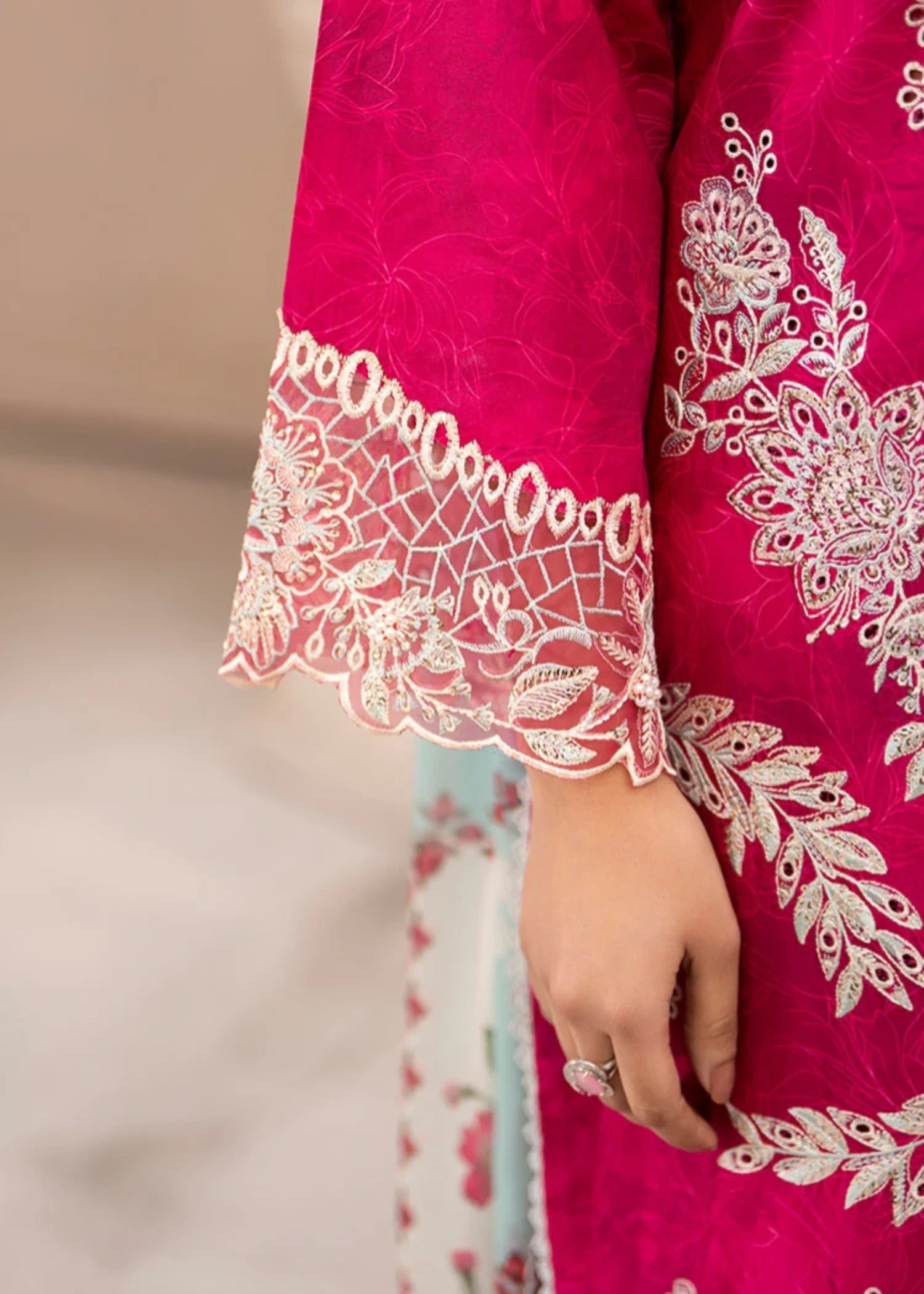 cambric Kurta Set in Shocking pink