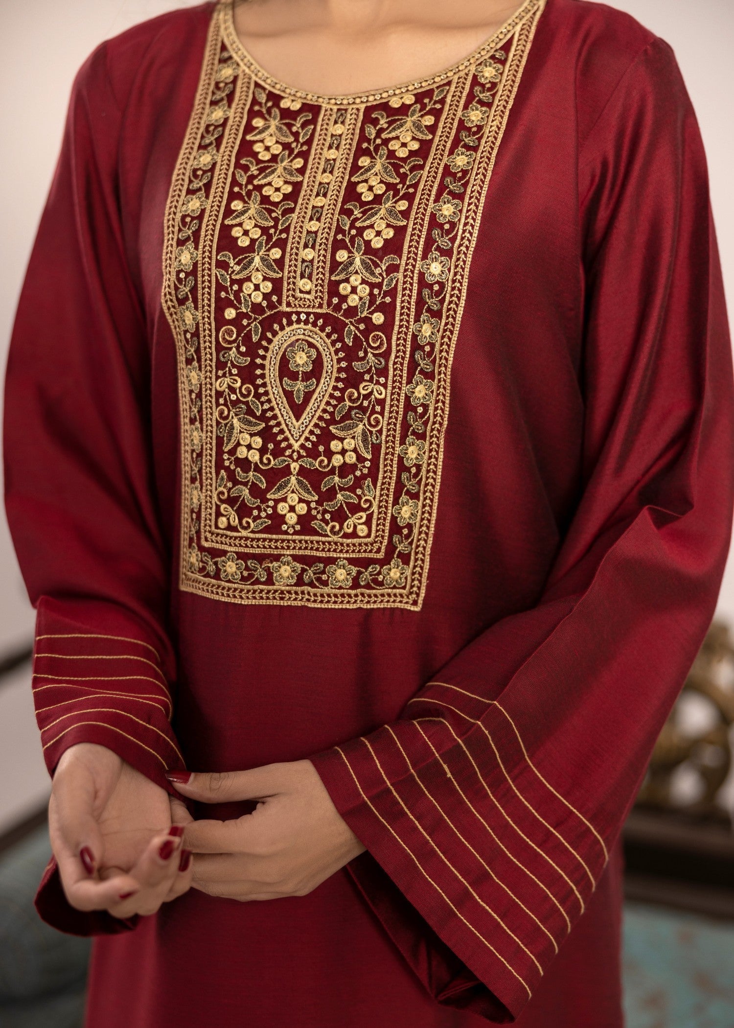 chambray Kurta Set in Red