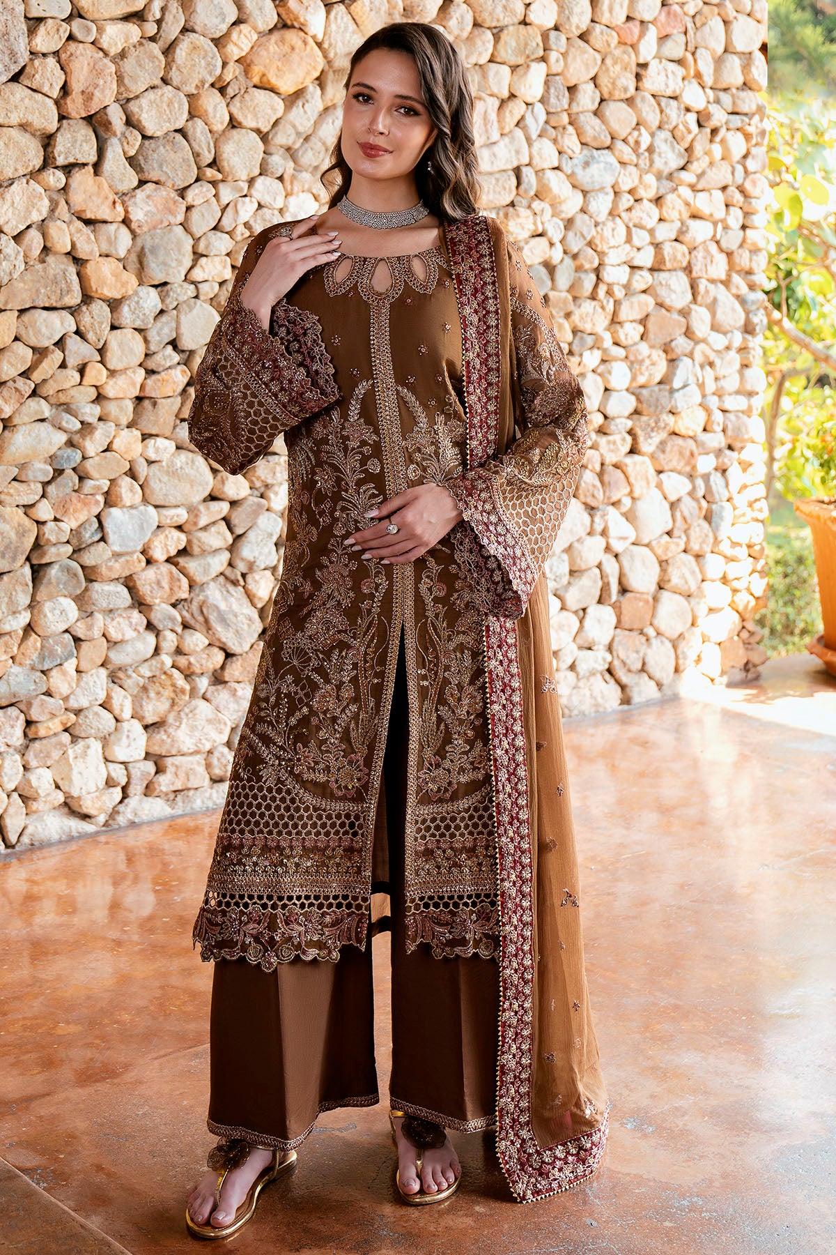 crinkle chiffon Kurta Set in Walnut brown