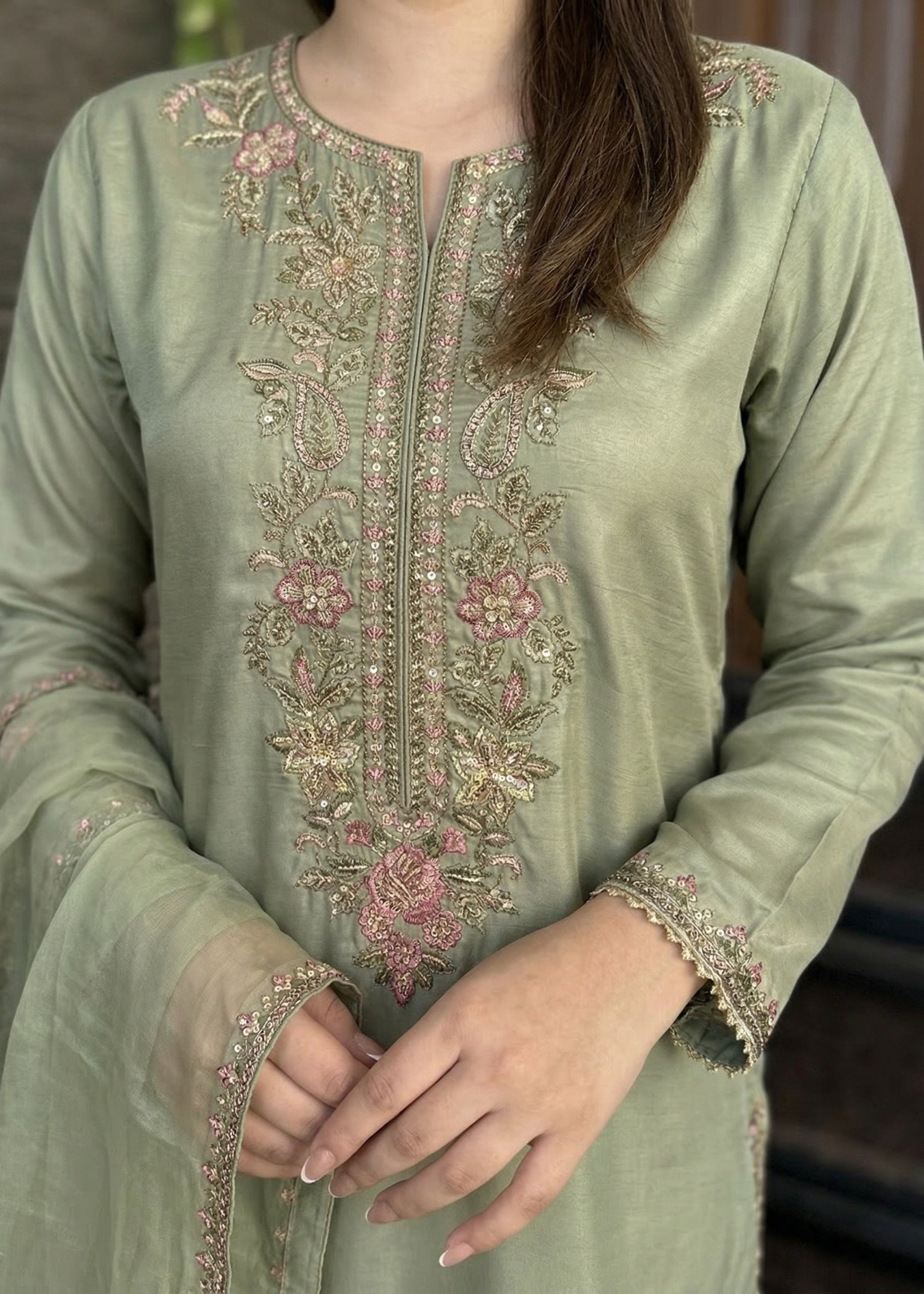 silk Kurta Set in Pastel green