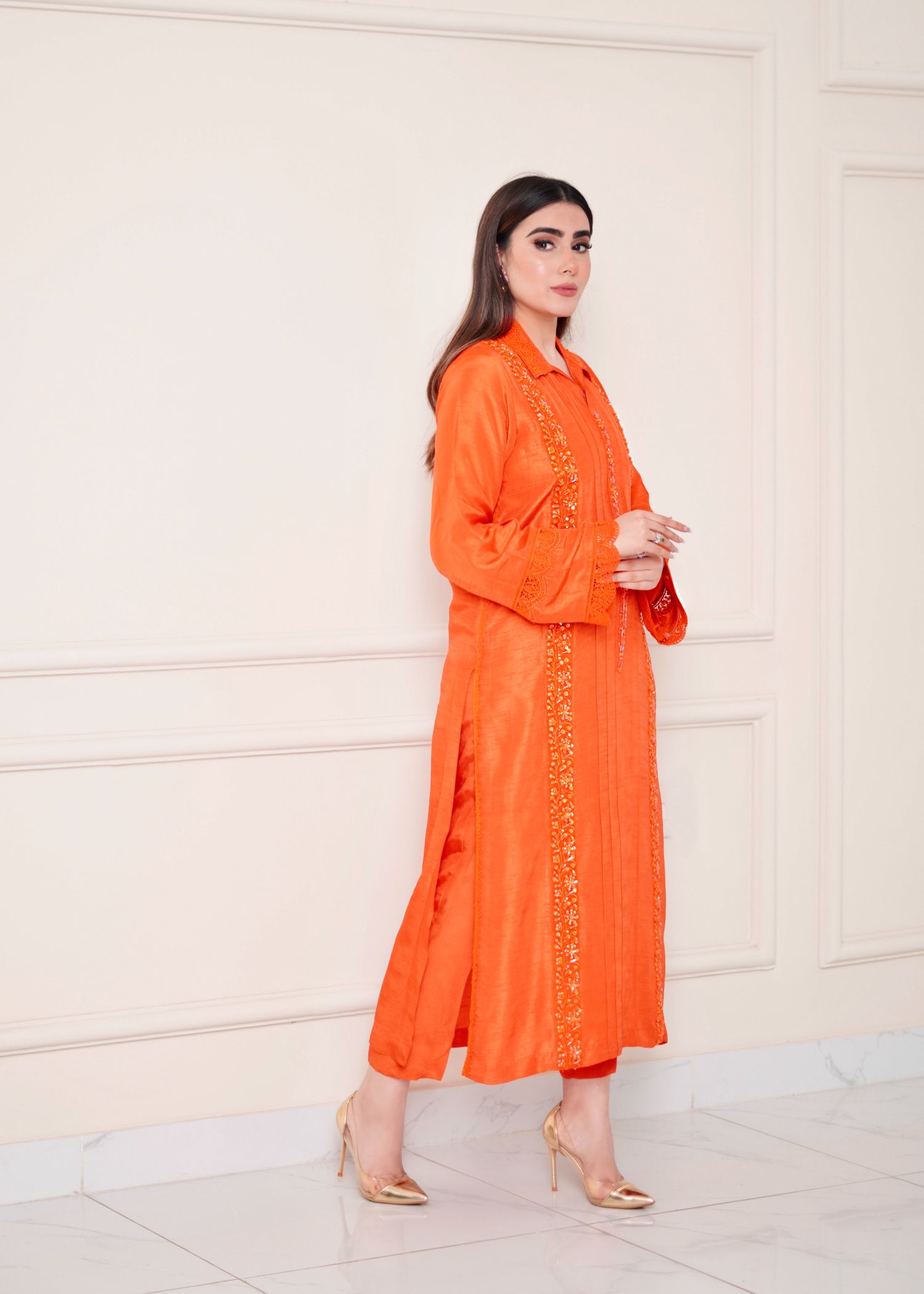 raw silk Kurta Set in Pumpkin orange