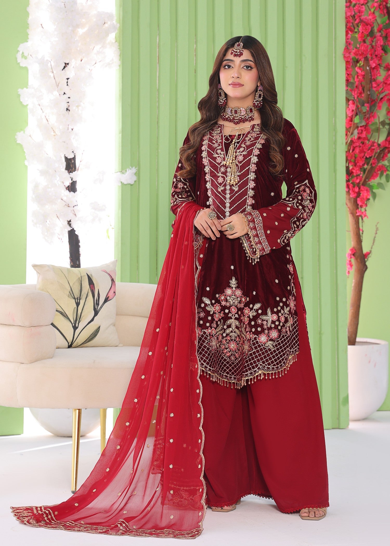 velvet Kurta Set in Maroon