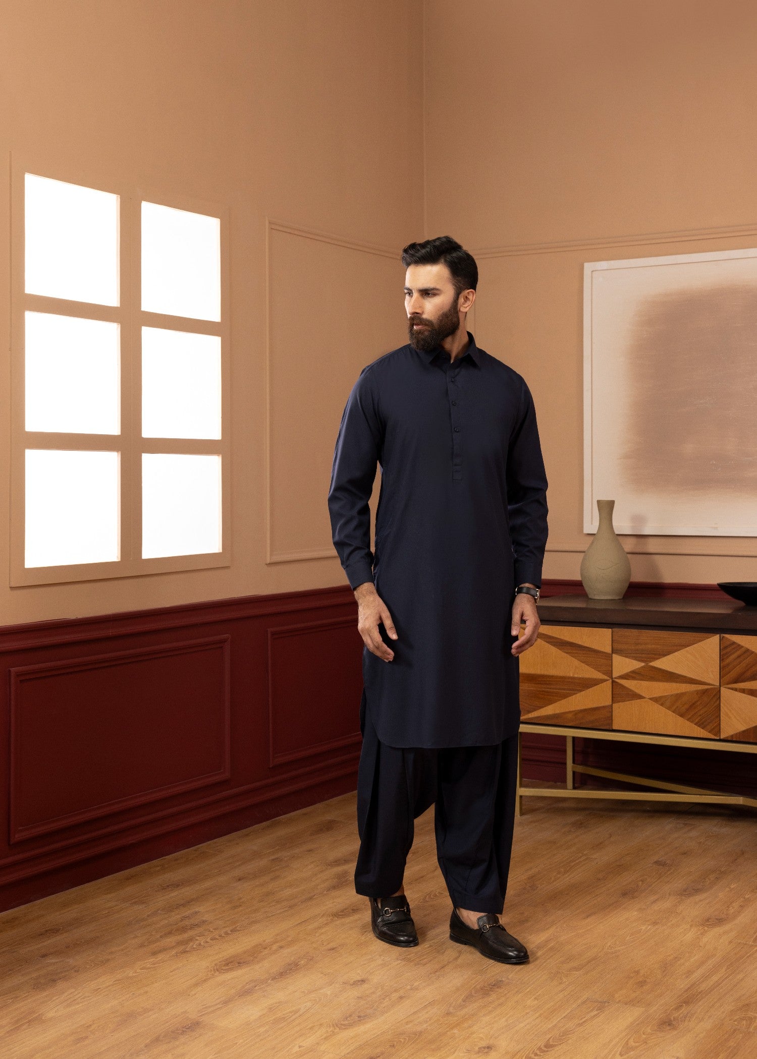 blended cambric Shalwar Kameez in Navy blue