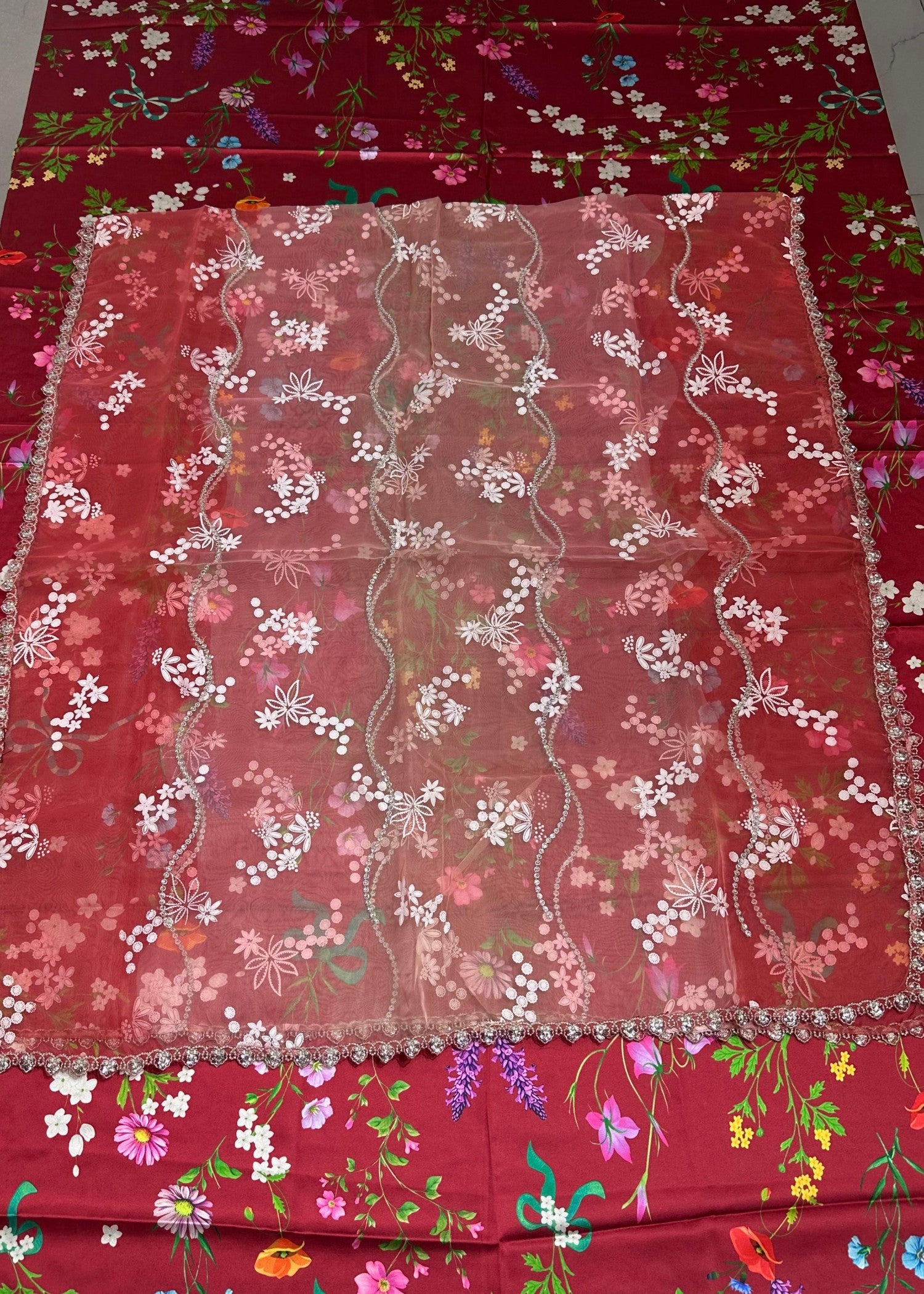 organza Unstitched in Blood red, maroon