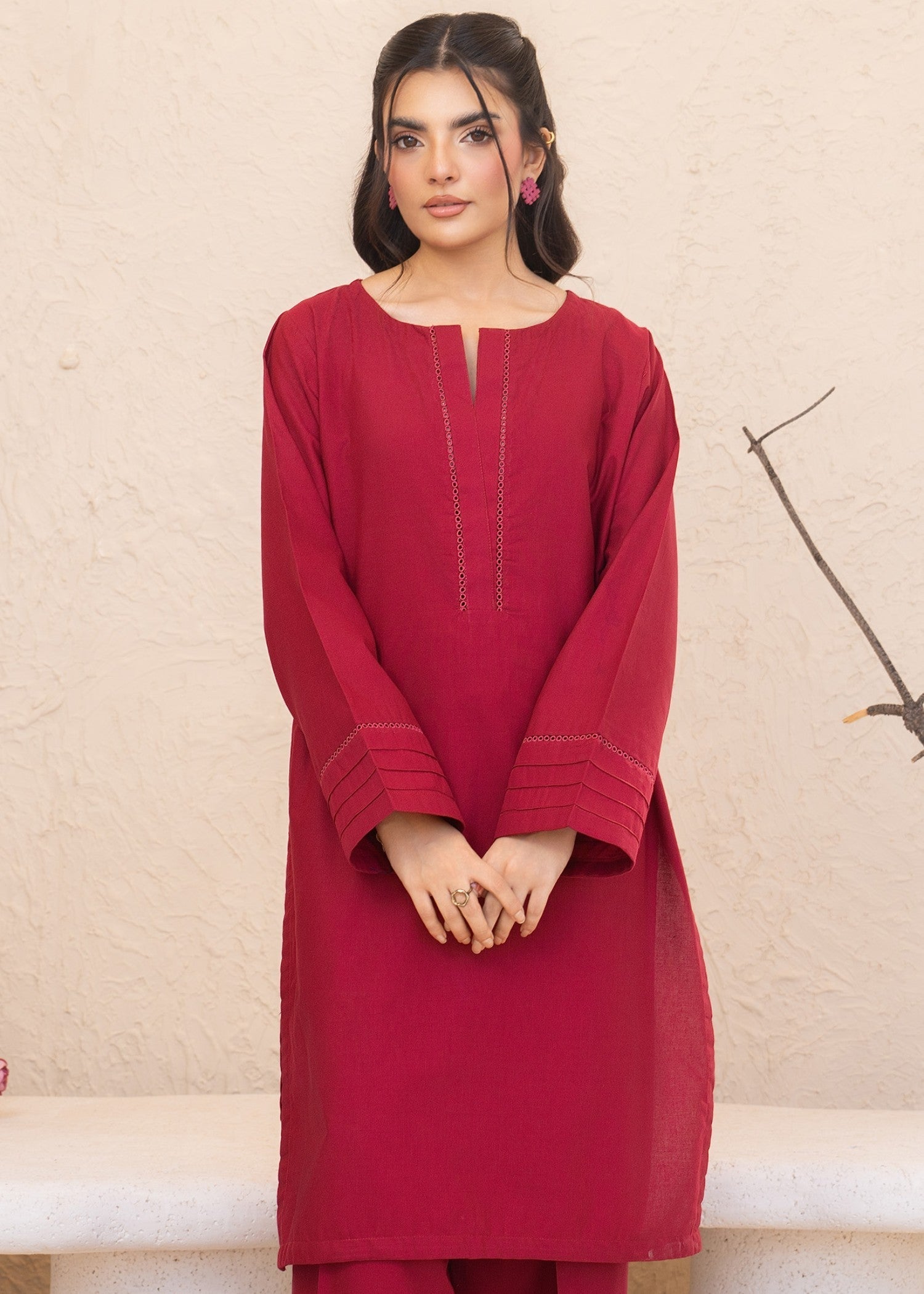 khaddar Kurta Set in Deep pink