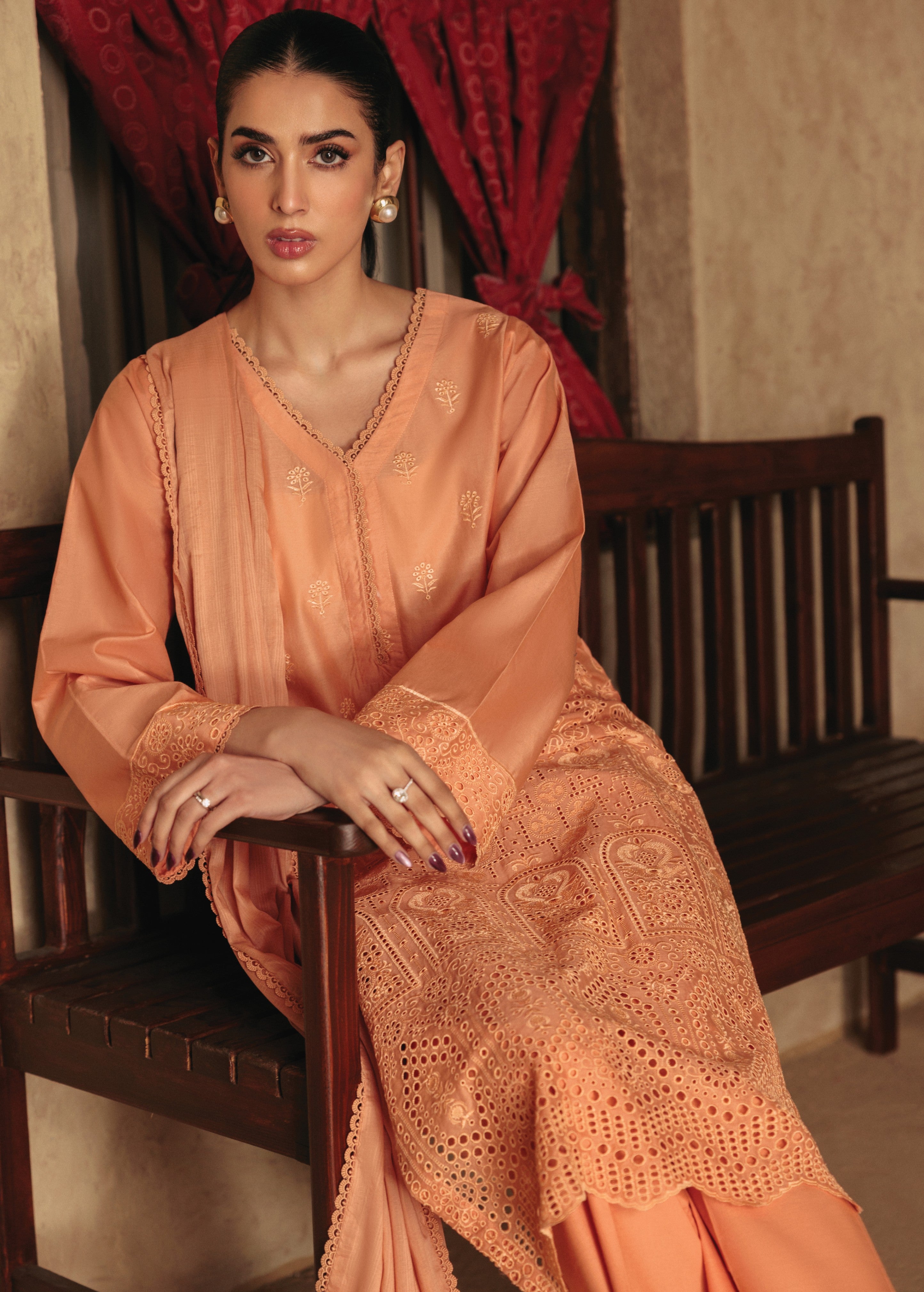 lawn Kurta Set in Coral orange