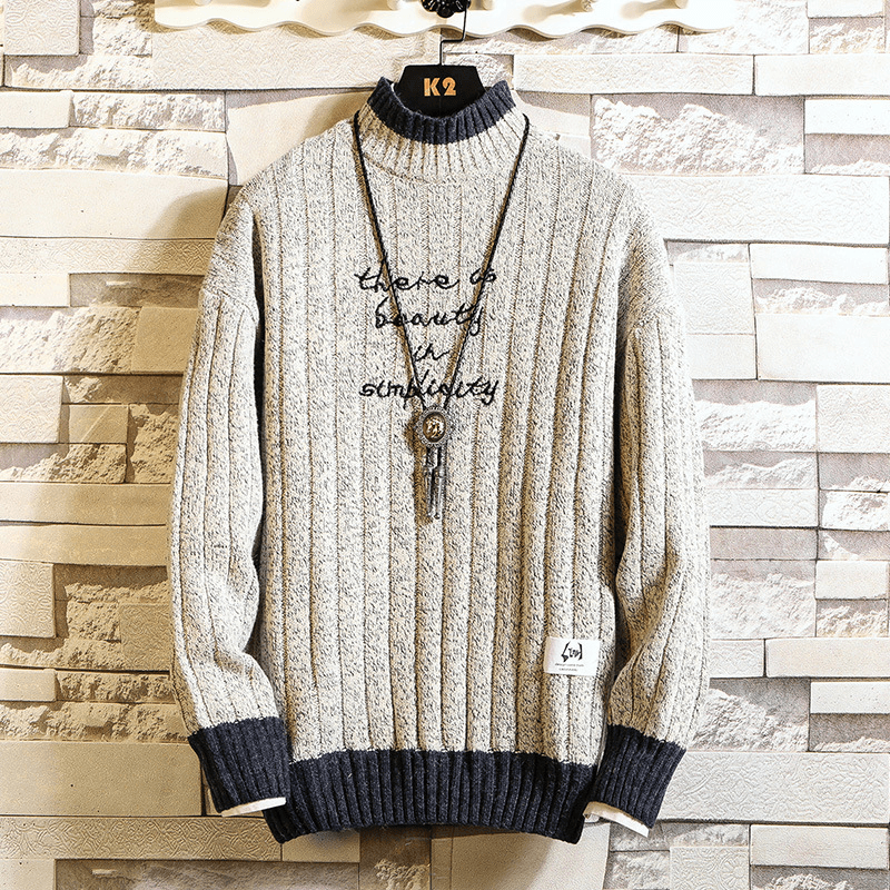 Long Sleeve Thick Half High Neck Letter Pullover Sweater for Men