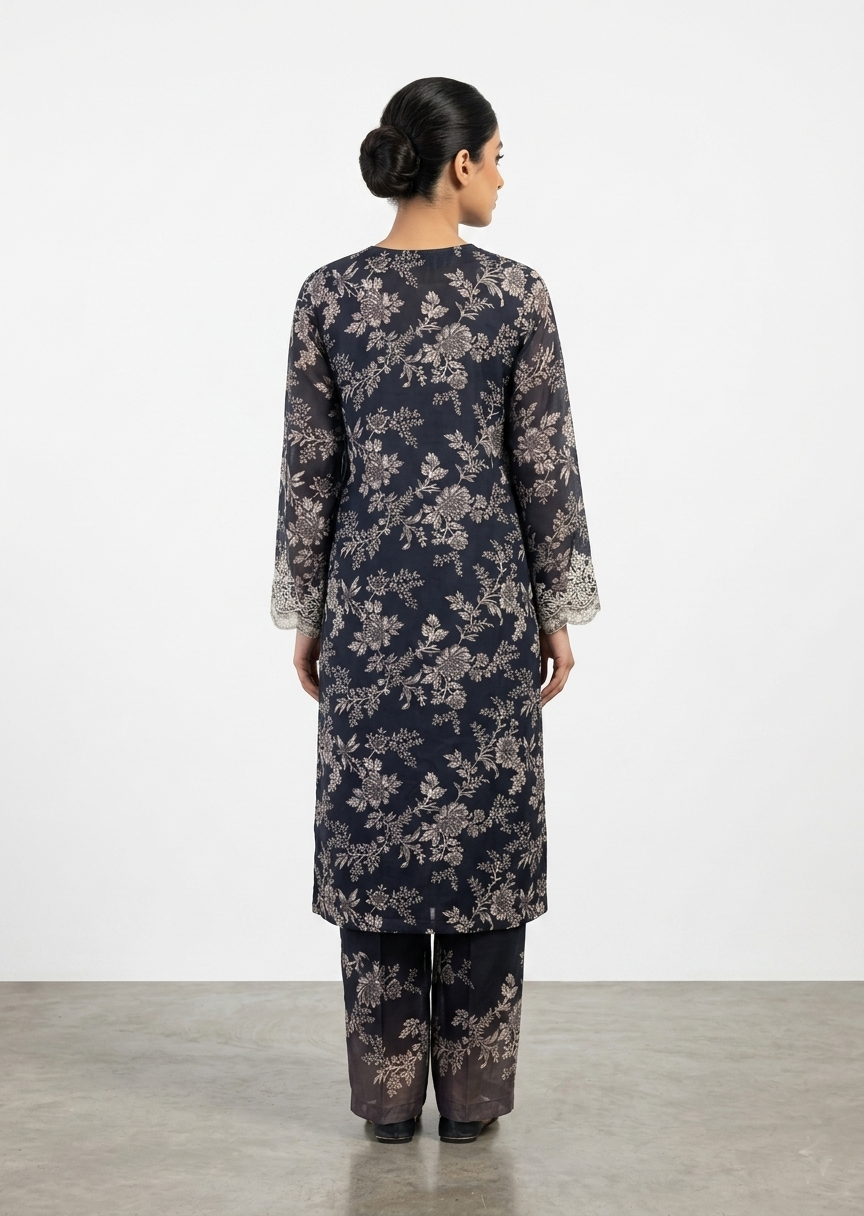 poly lawn Kurta Set in Black, white