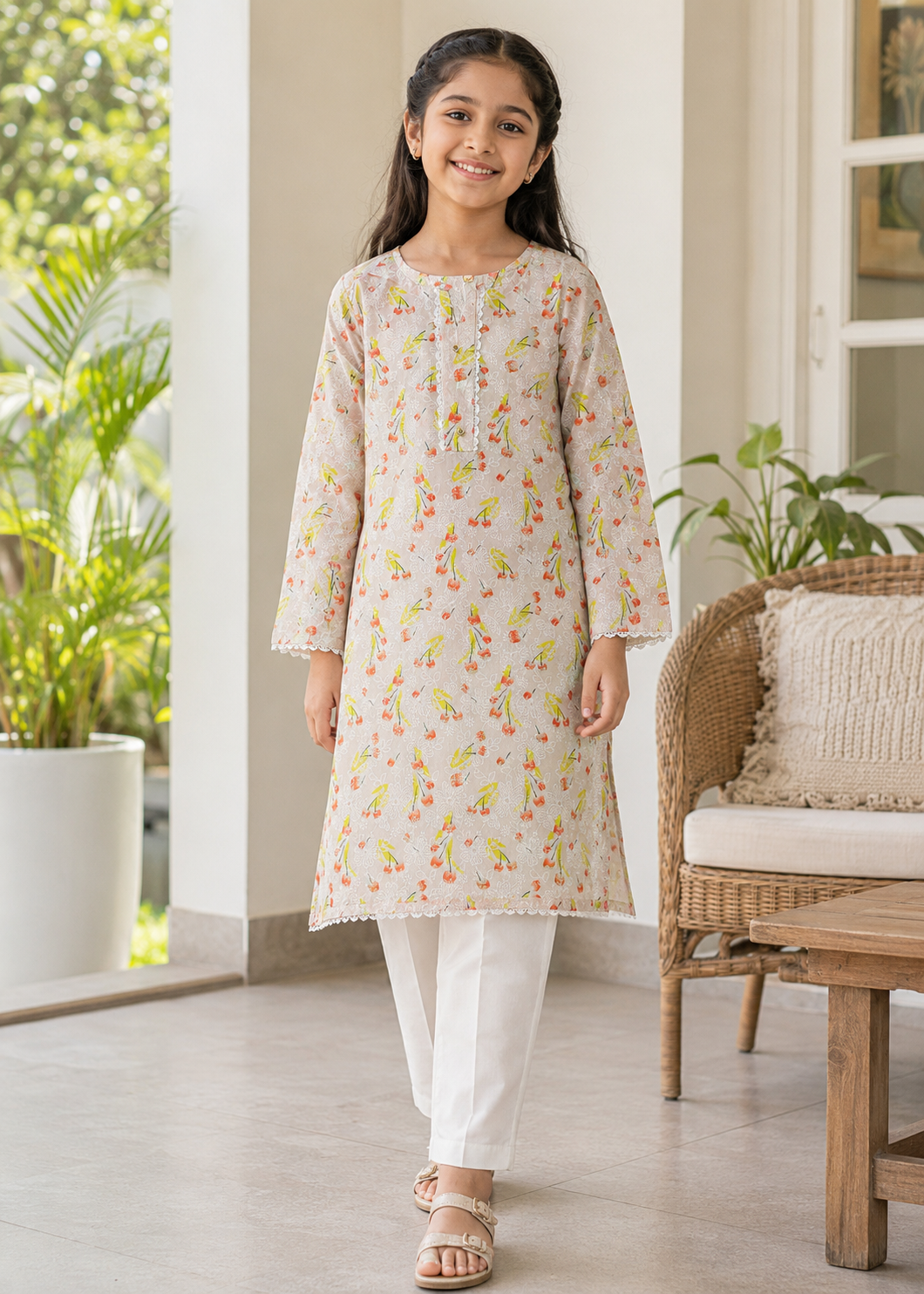 polycotton Kurta Set in Cream, yellow-orange