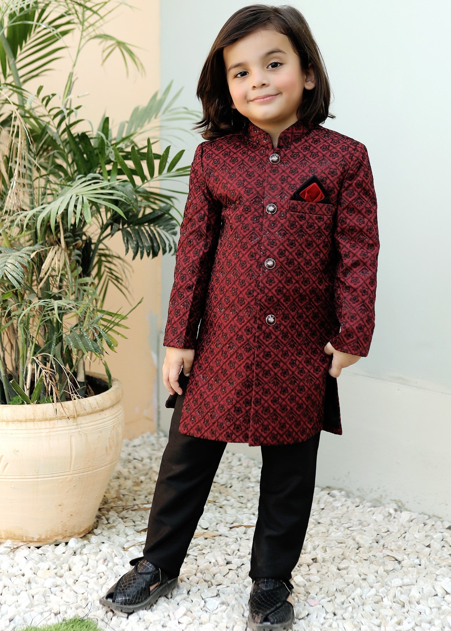 raw silk Sherwani in Berry red