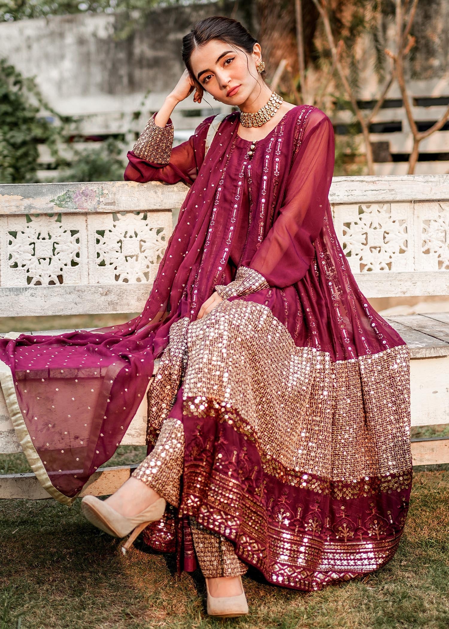 chikankari cotton Gown in Plum