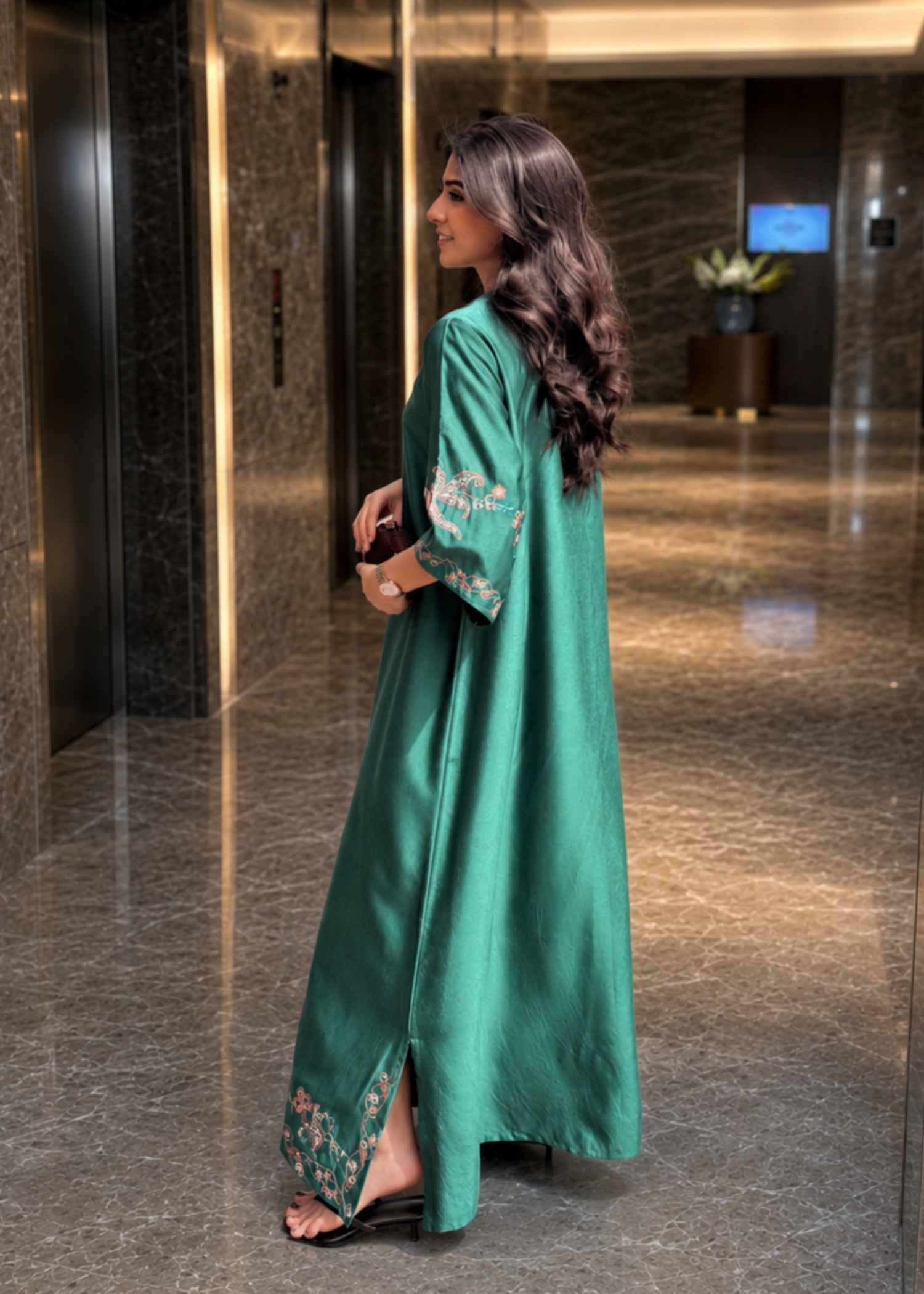 satin silk Kaftan in Emerald green