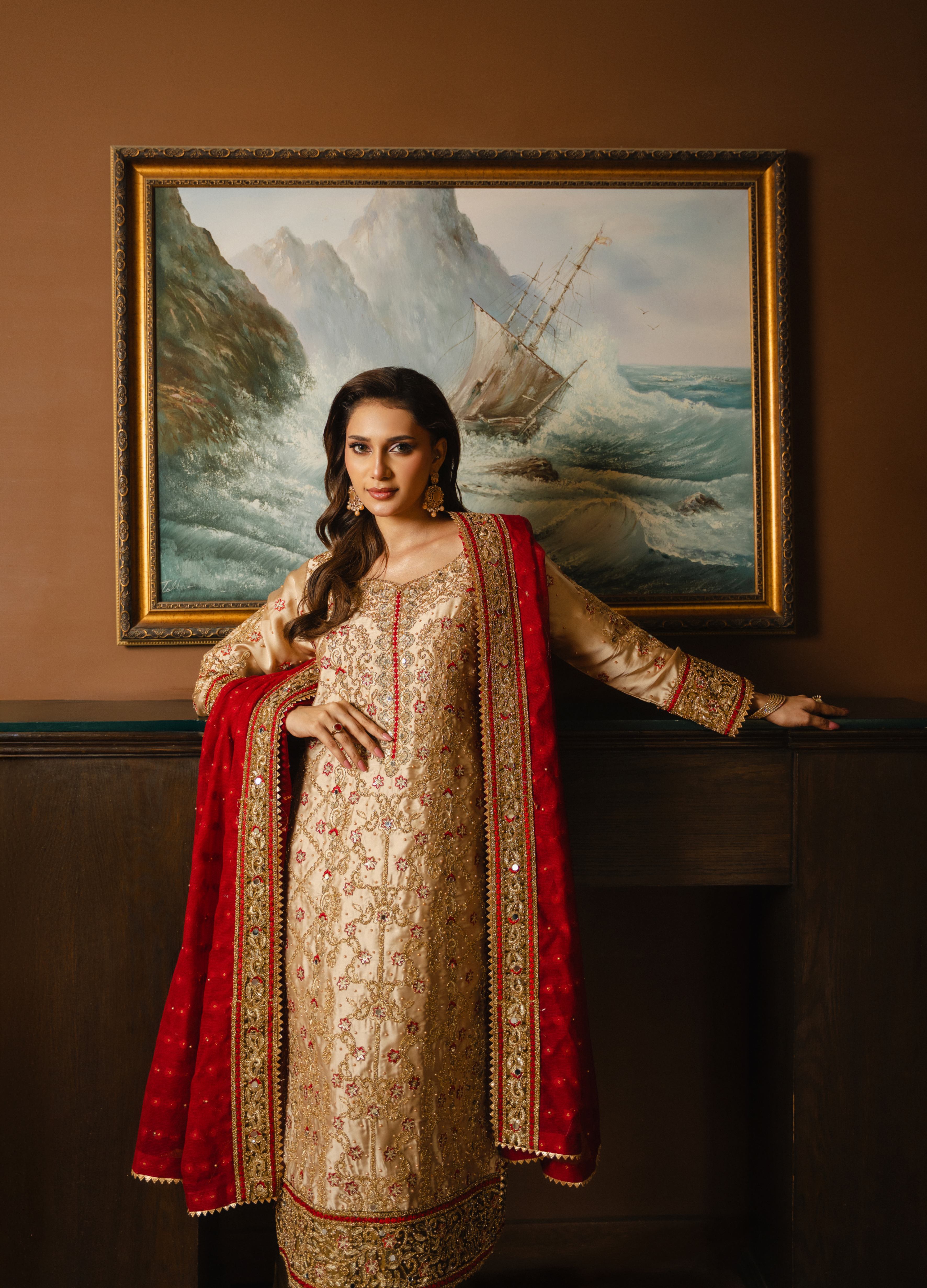 silk charmeuse Kurta Set in Crimson, flax