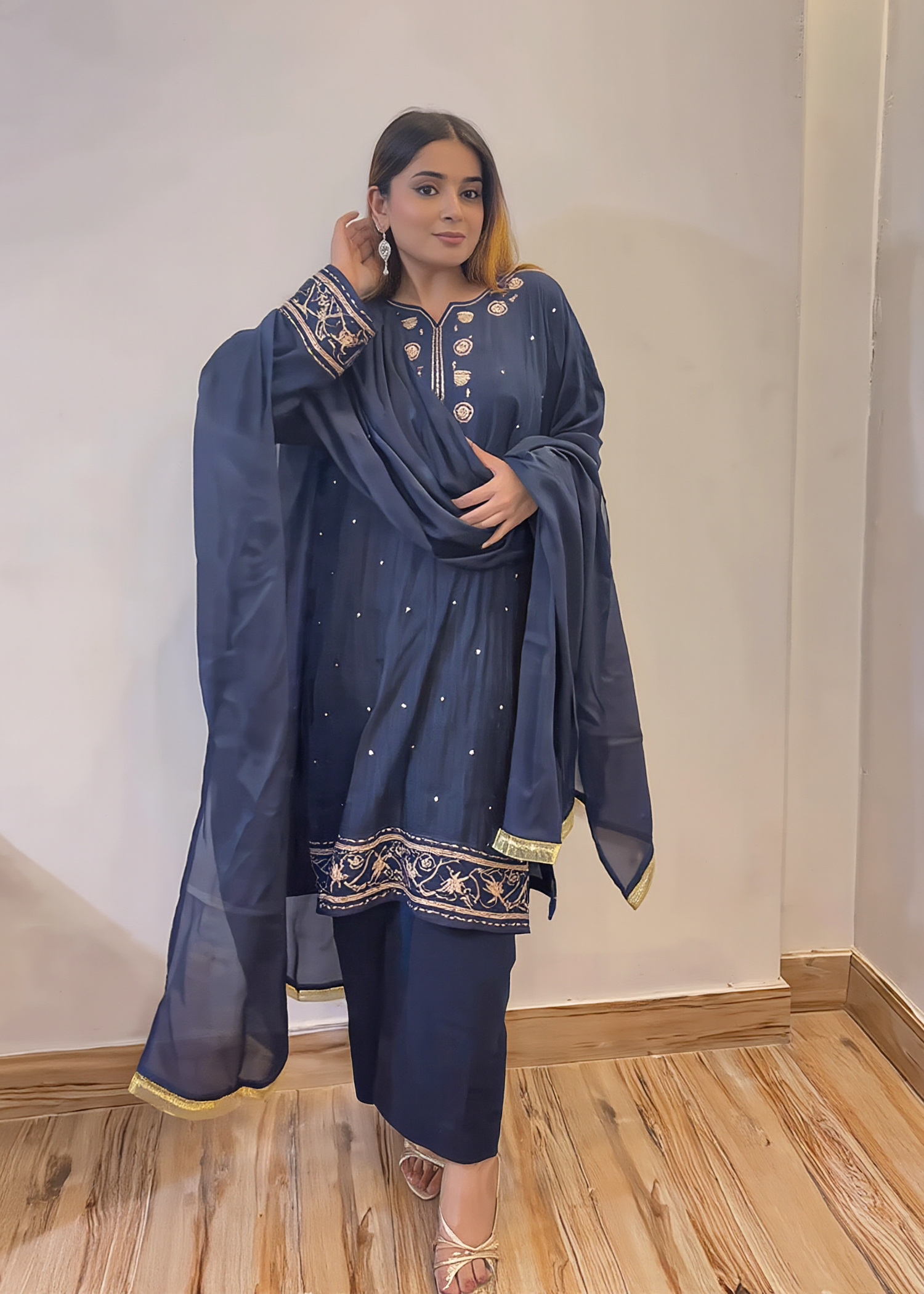 cotton dobby Kurta Set in Yale blue