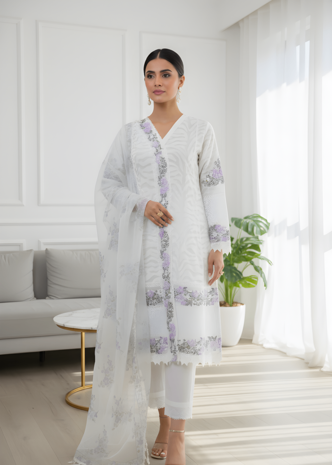 organza zari jacquard Kurta Set in White