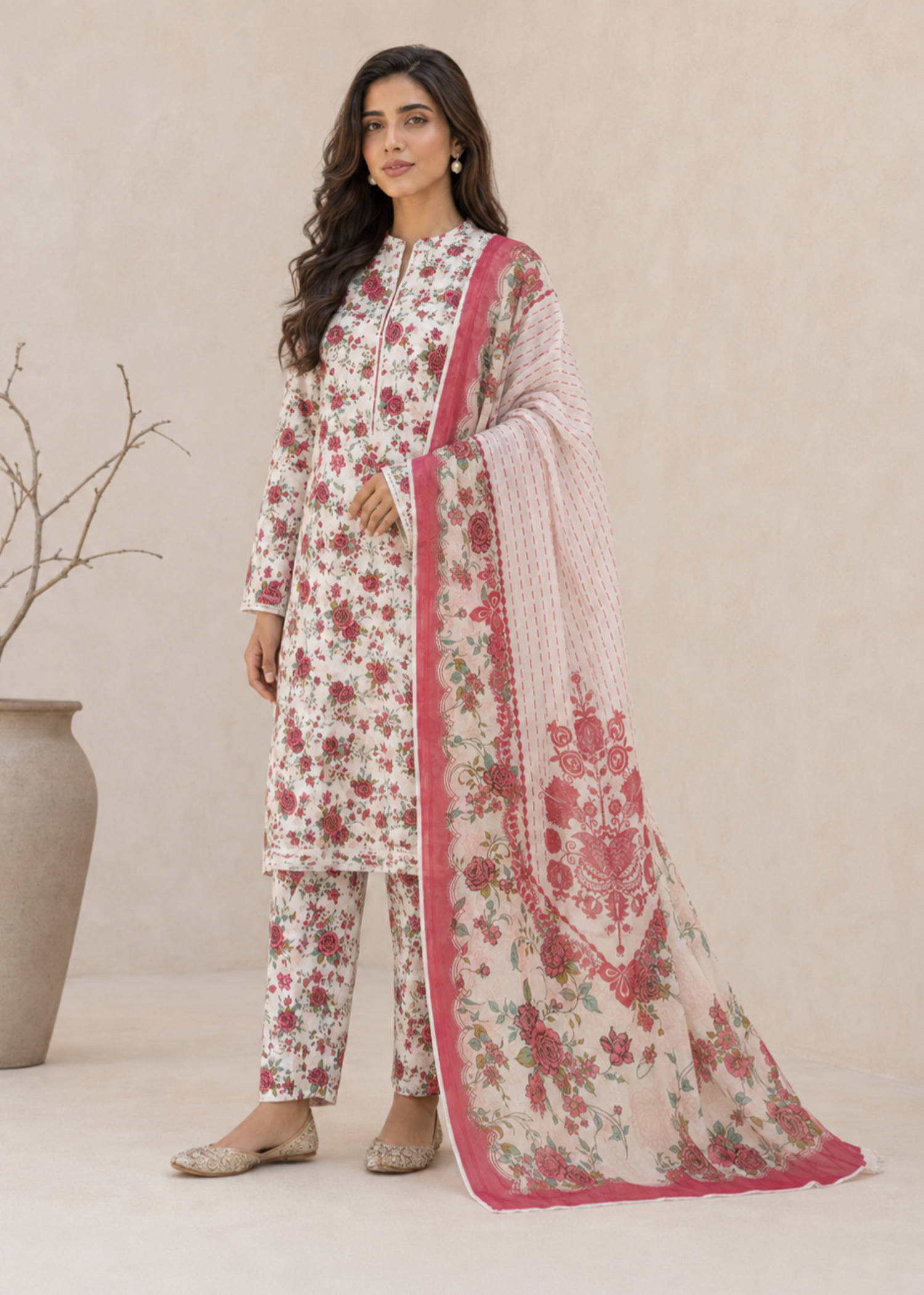 swiss lawn Unstitched in Off-white, strawberry pink