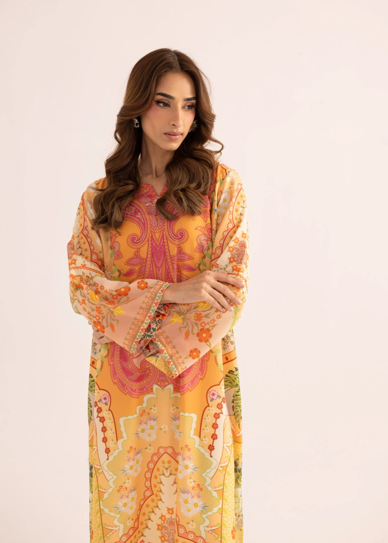 silk finish lawn Kaftan in Honey