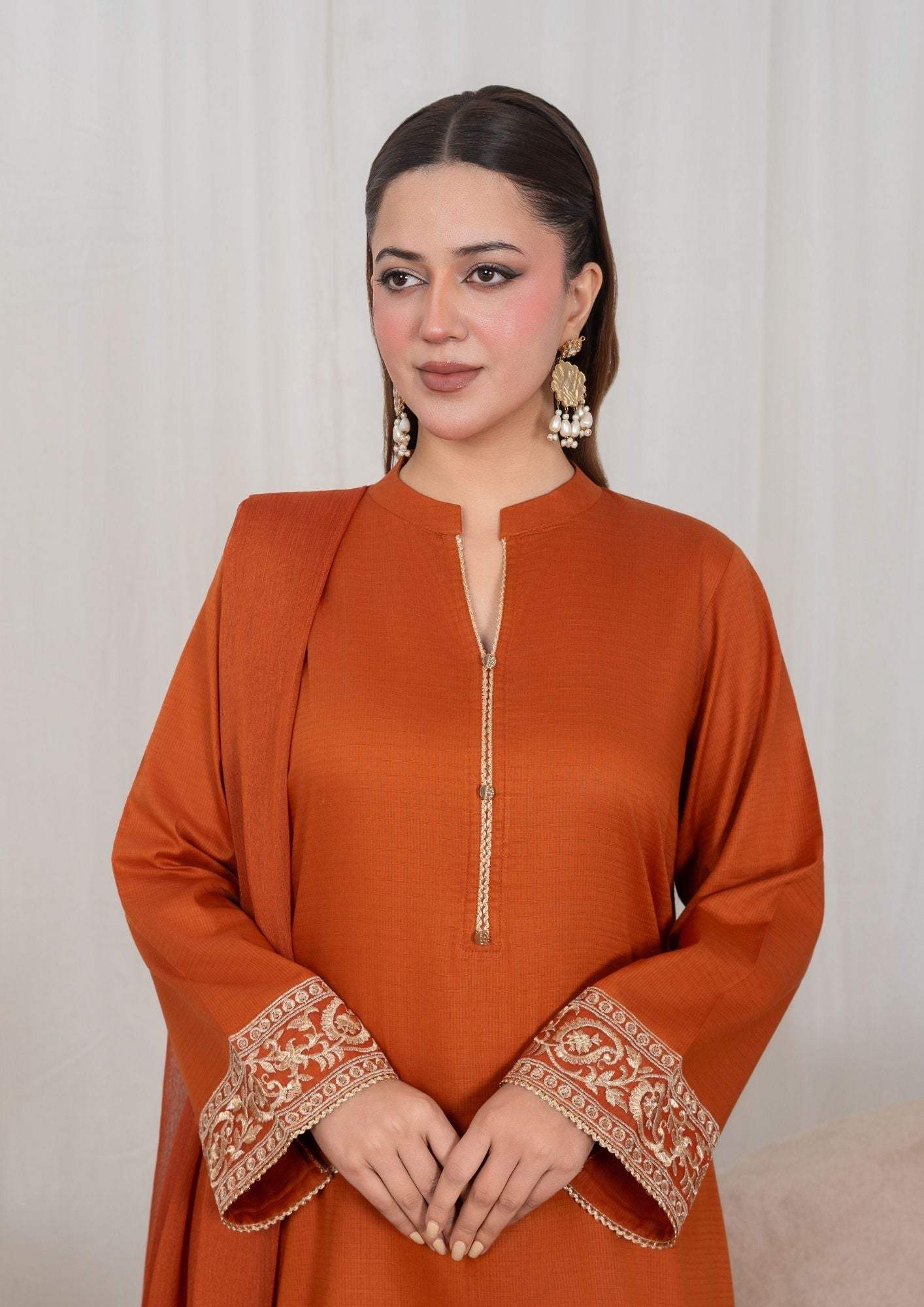 lawn Kurta Set in Rust orange