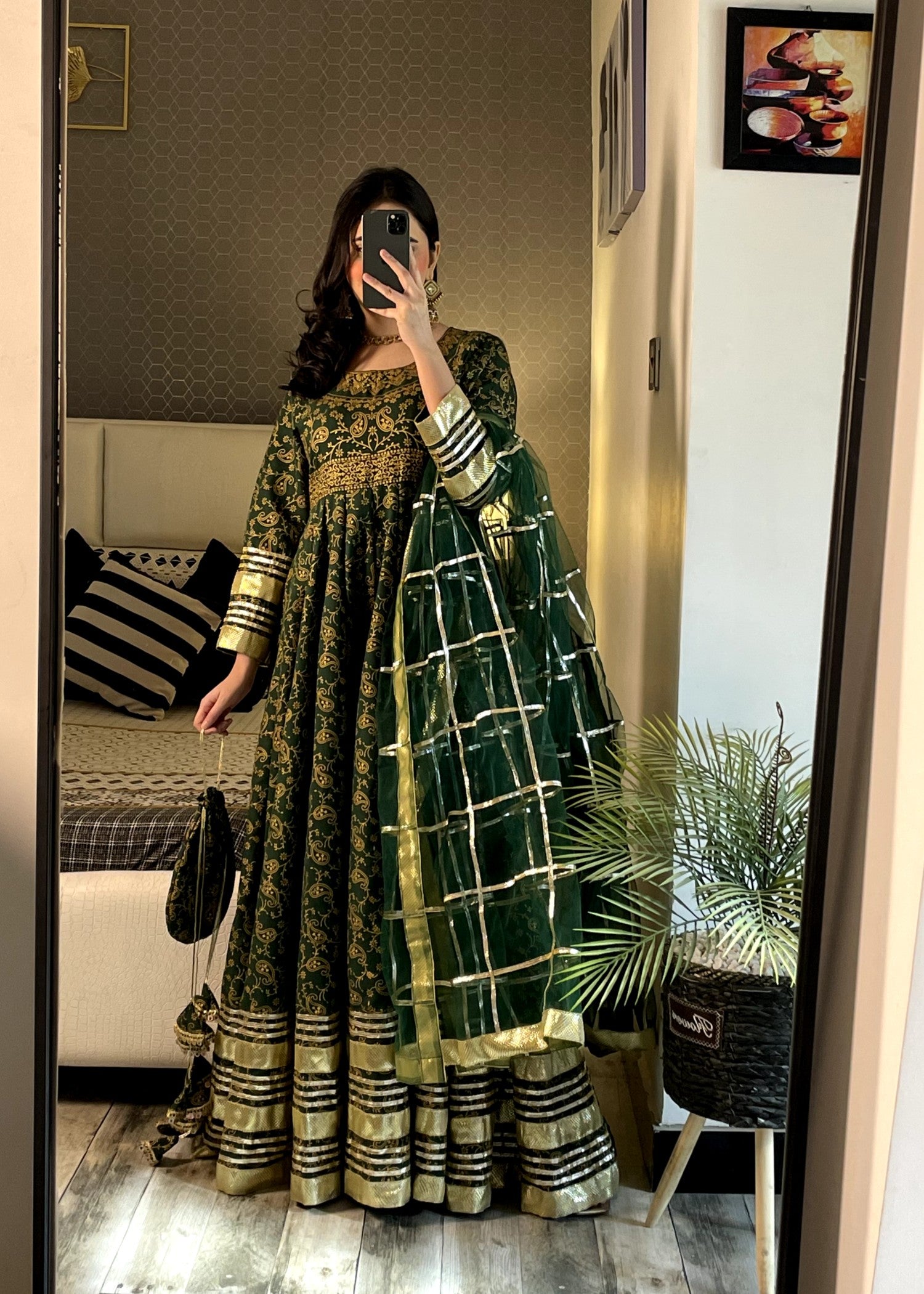 satin silk Anarkali in Bottle green
