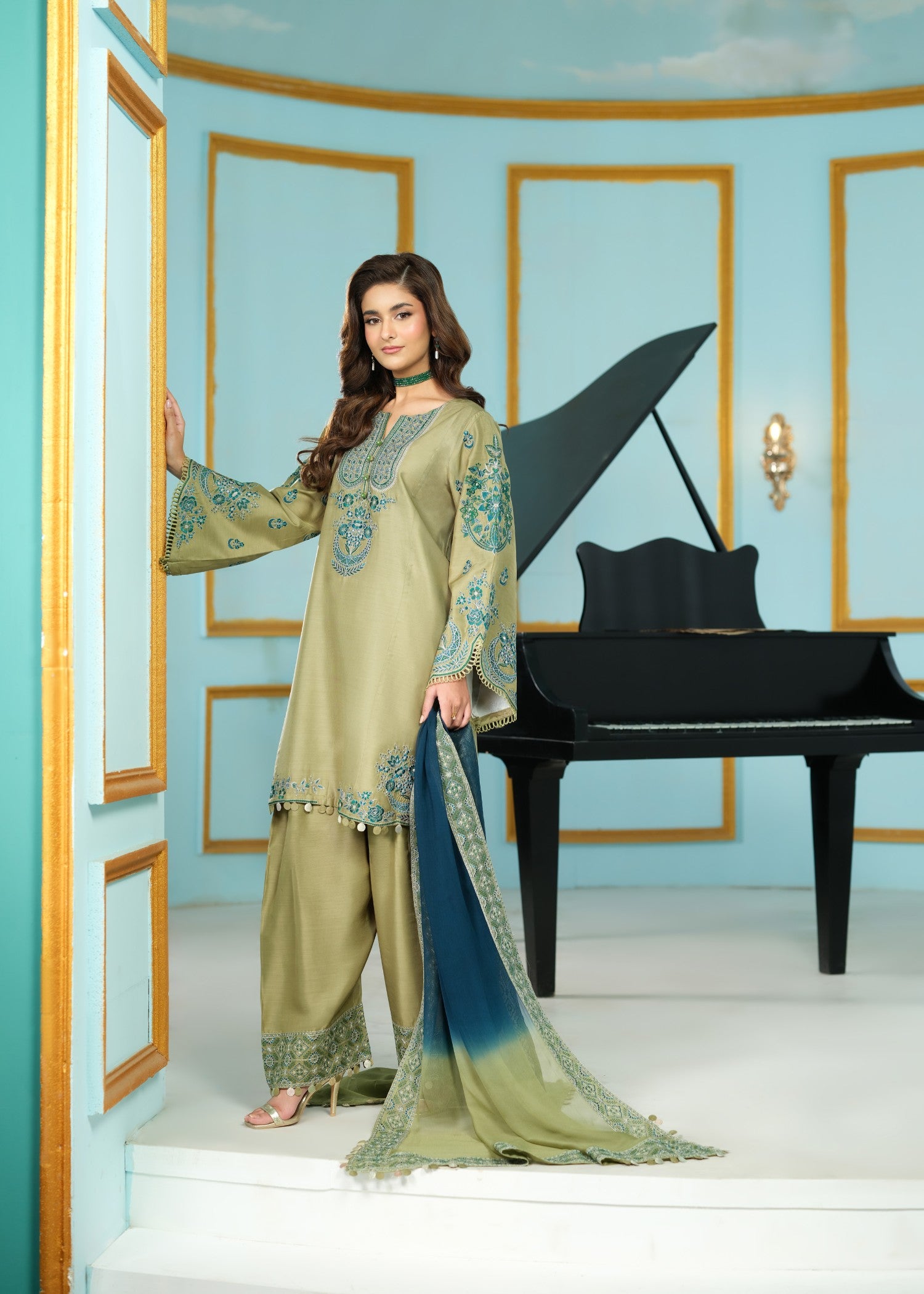 cambric cotton Kurta Set in Sage green