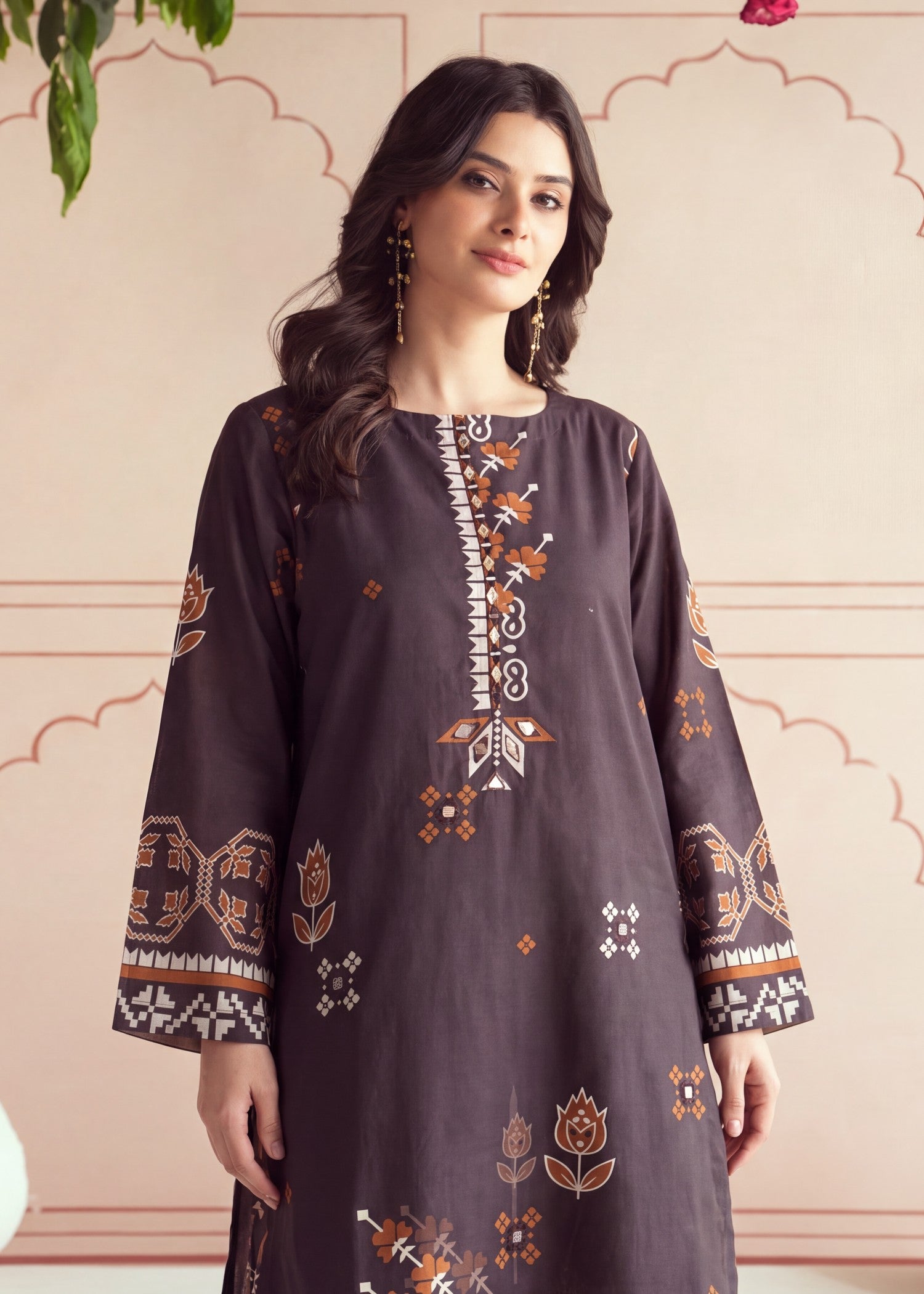 lawn Kurta Set in Coffee brown