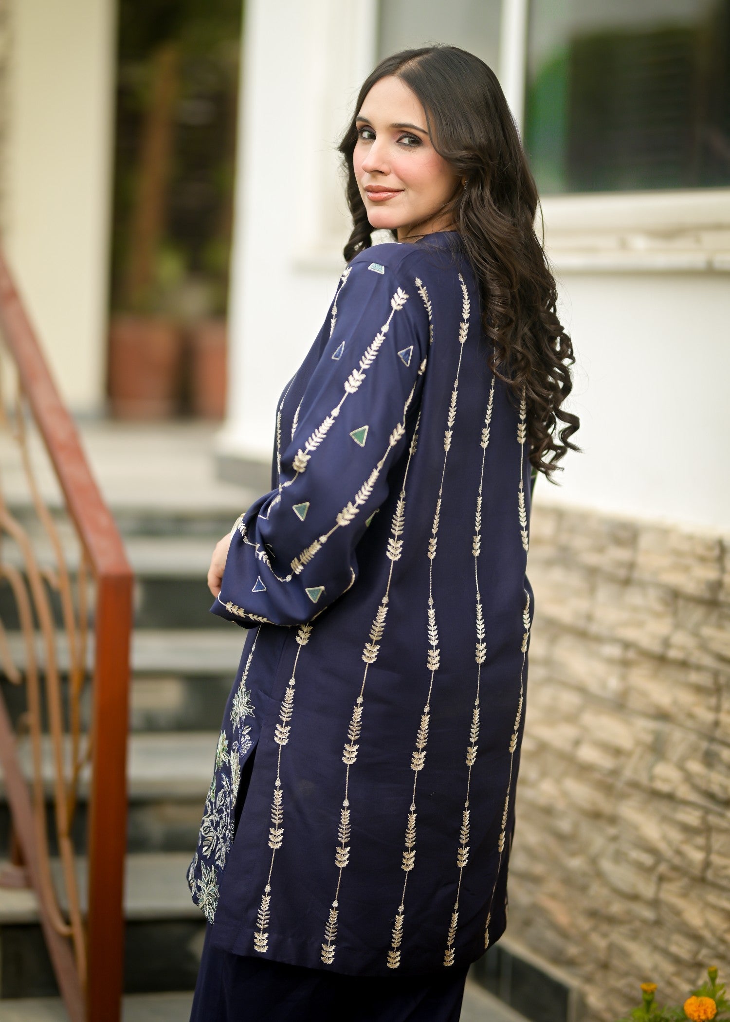 linen Kurta Set in Navy blue