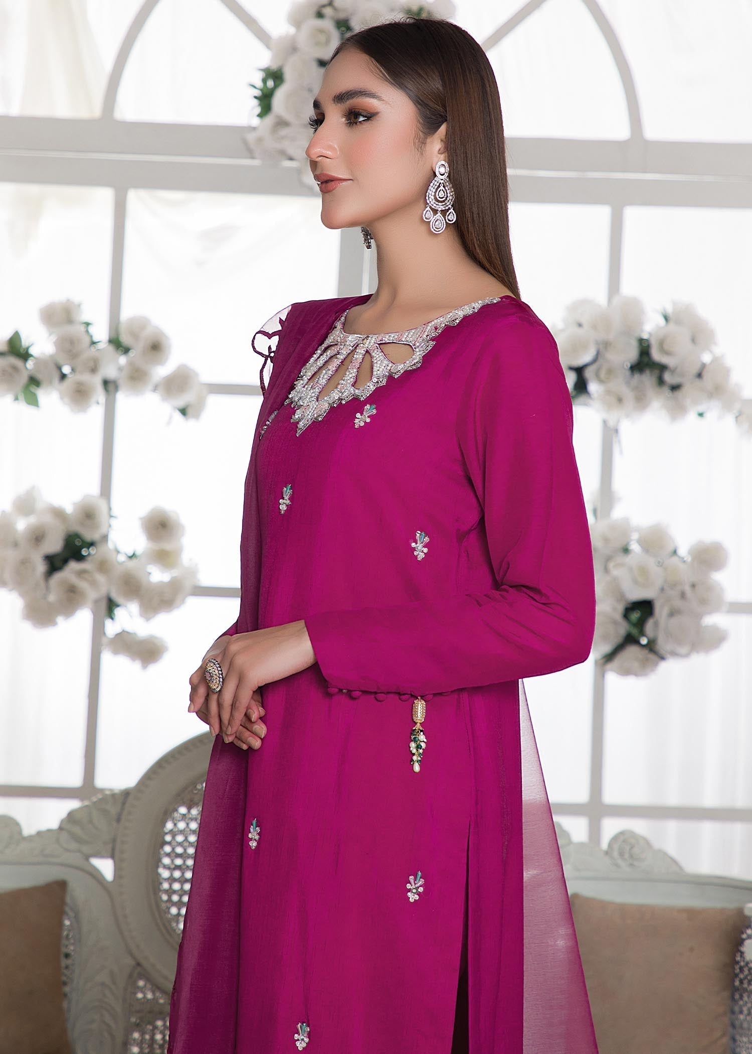 raw silk Kurta Set in Magenta