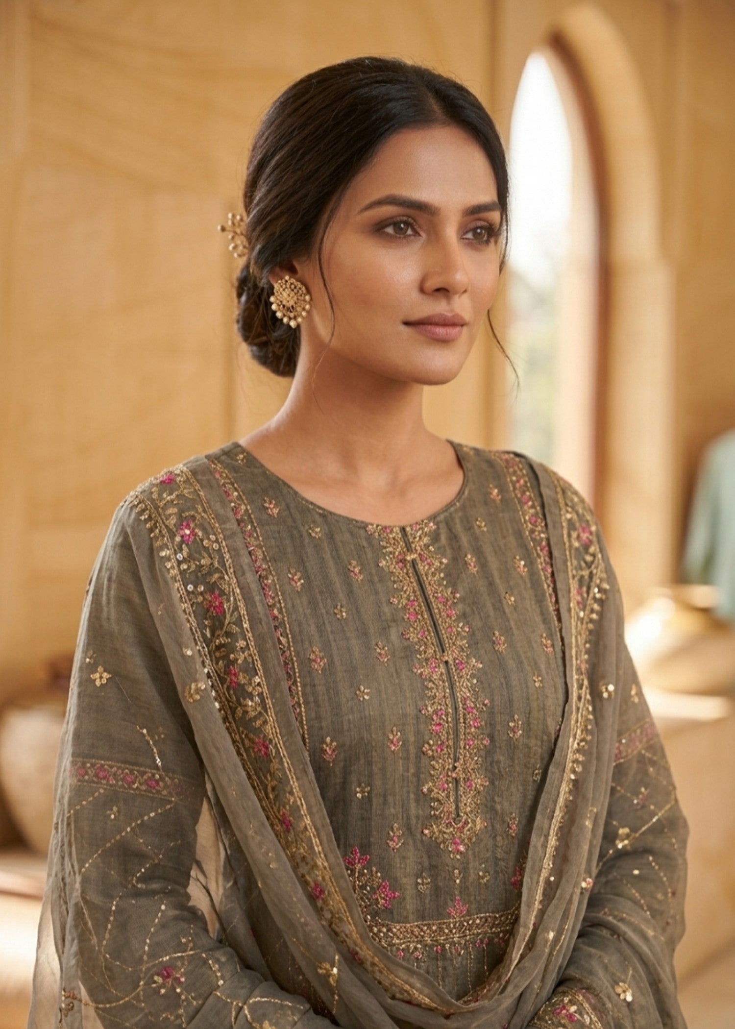 organza Kurta Set in Brown