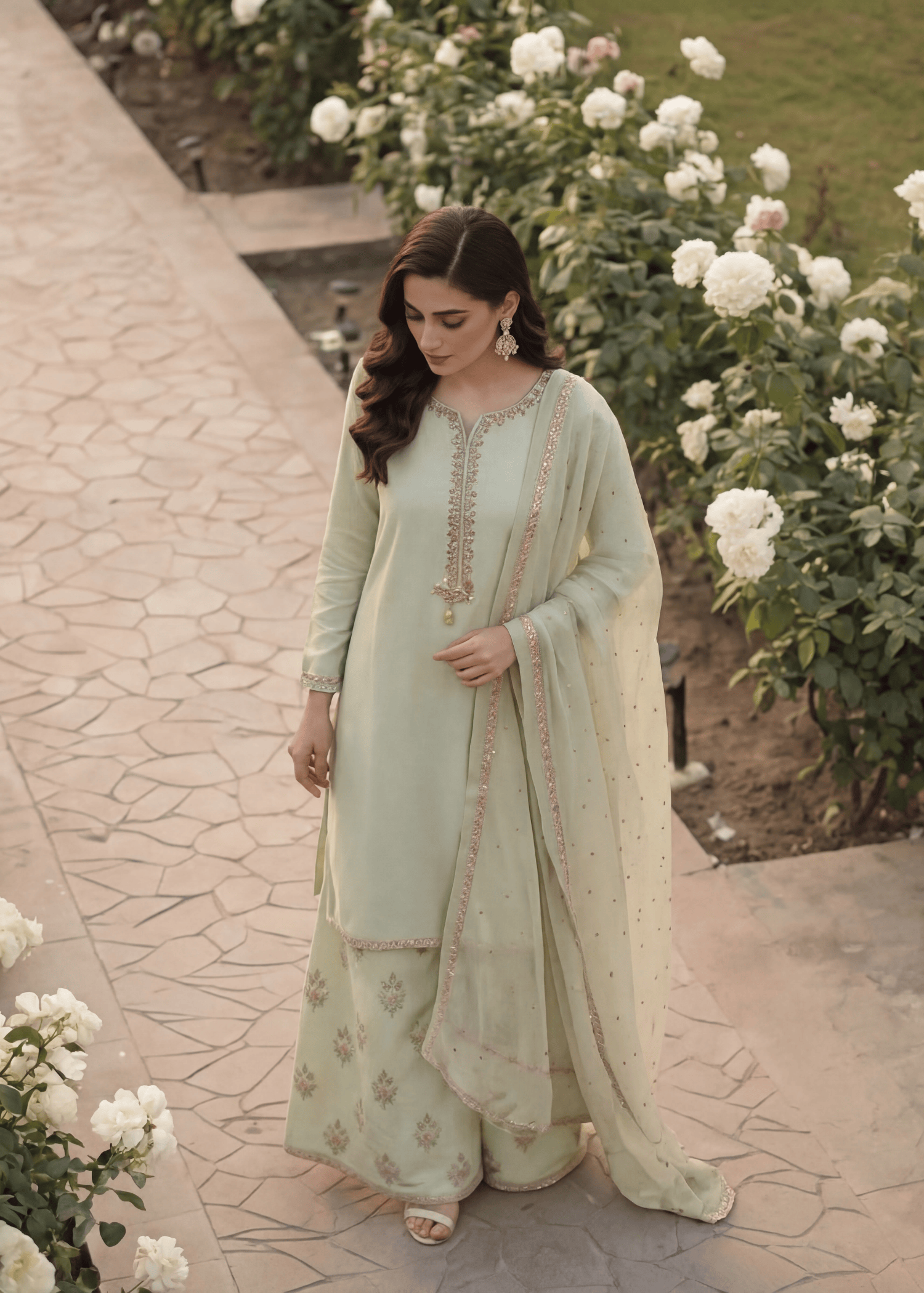 silk Kurta Set in Moss green