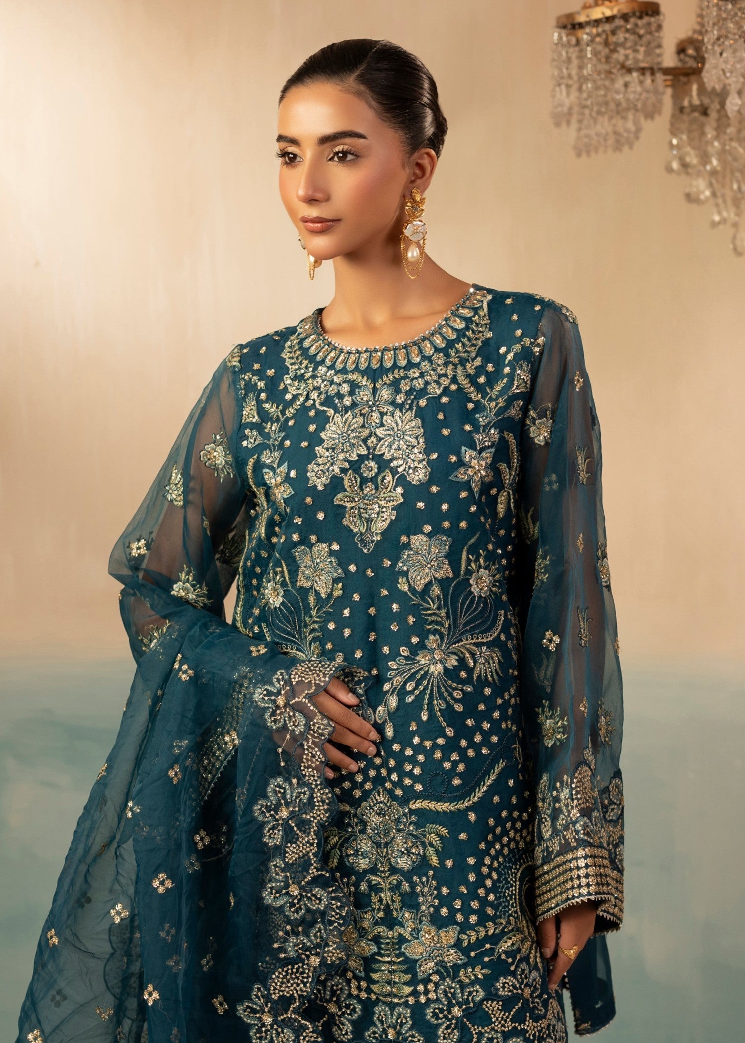 organza Kurta Set in Teal