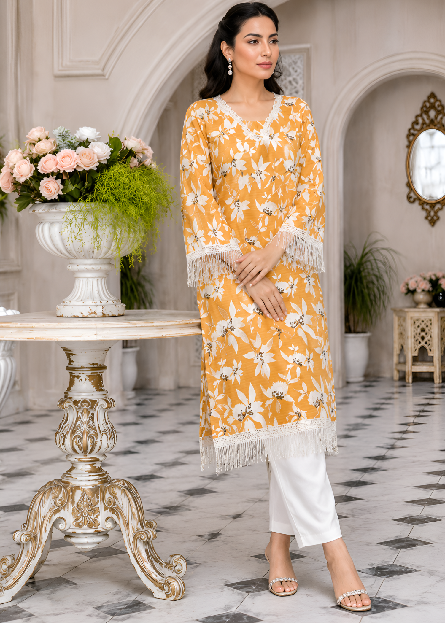 cotton Kurta Set in White, mustard