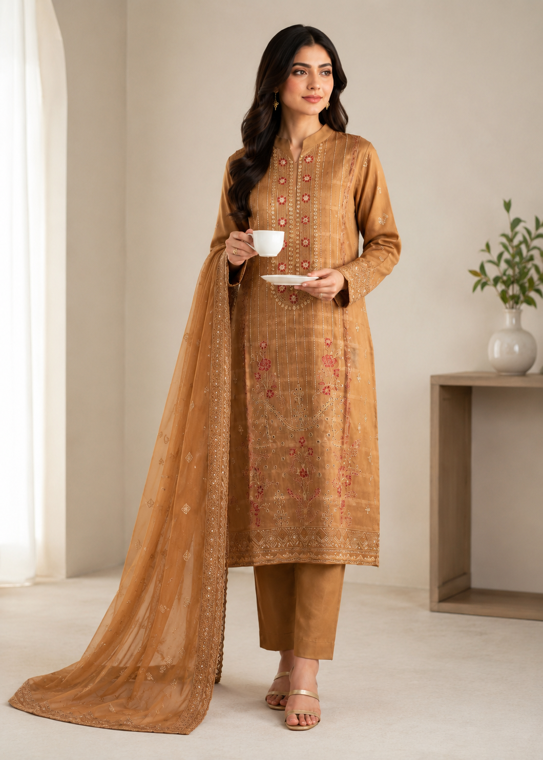 lawn Kurta Set in Camel brown