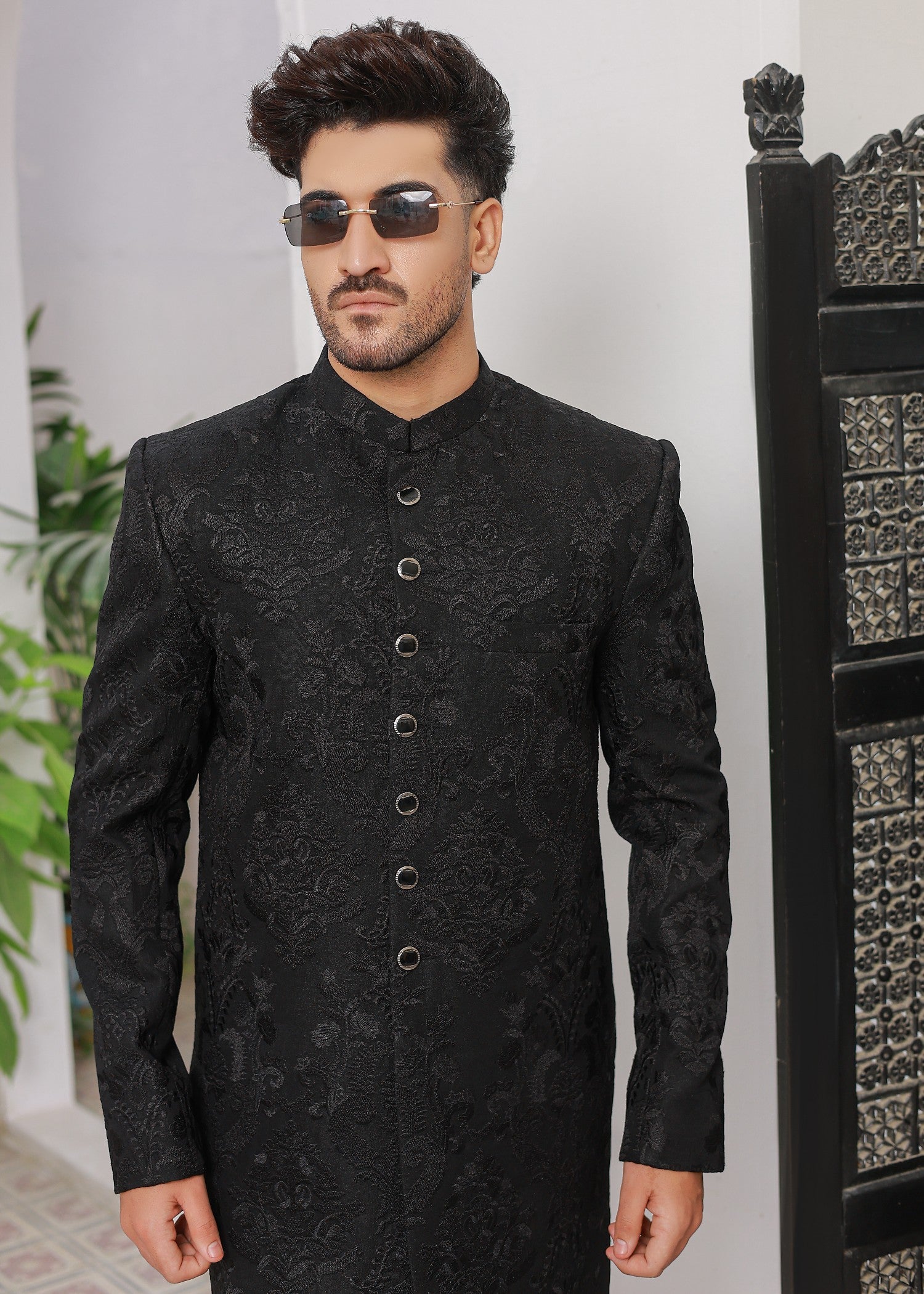 indian raw silk Sherwani in Black