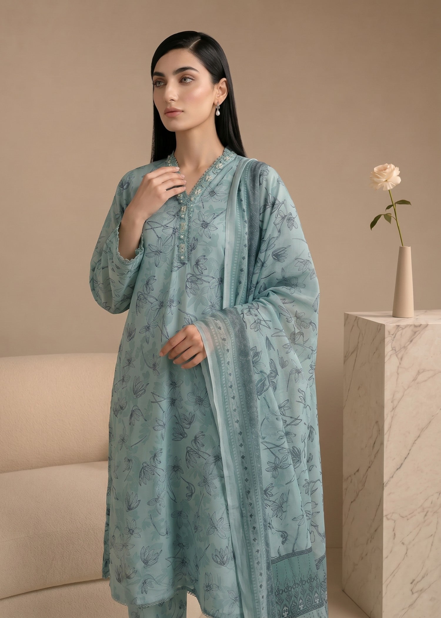 lawn Kurta Set in Sea green